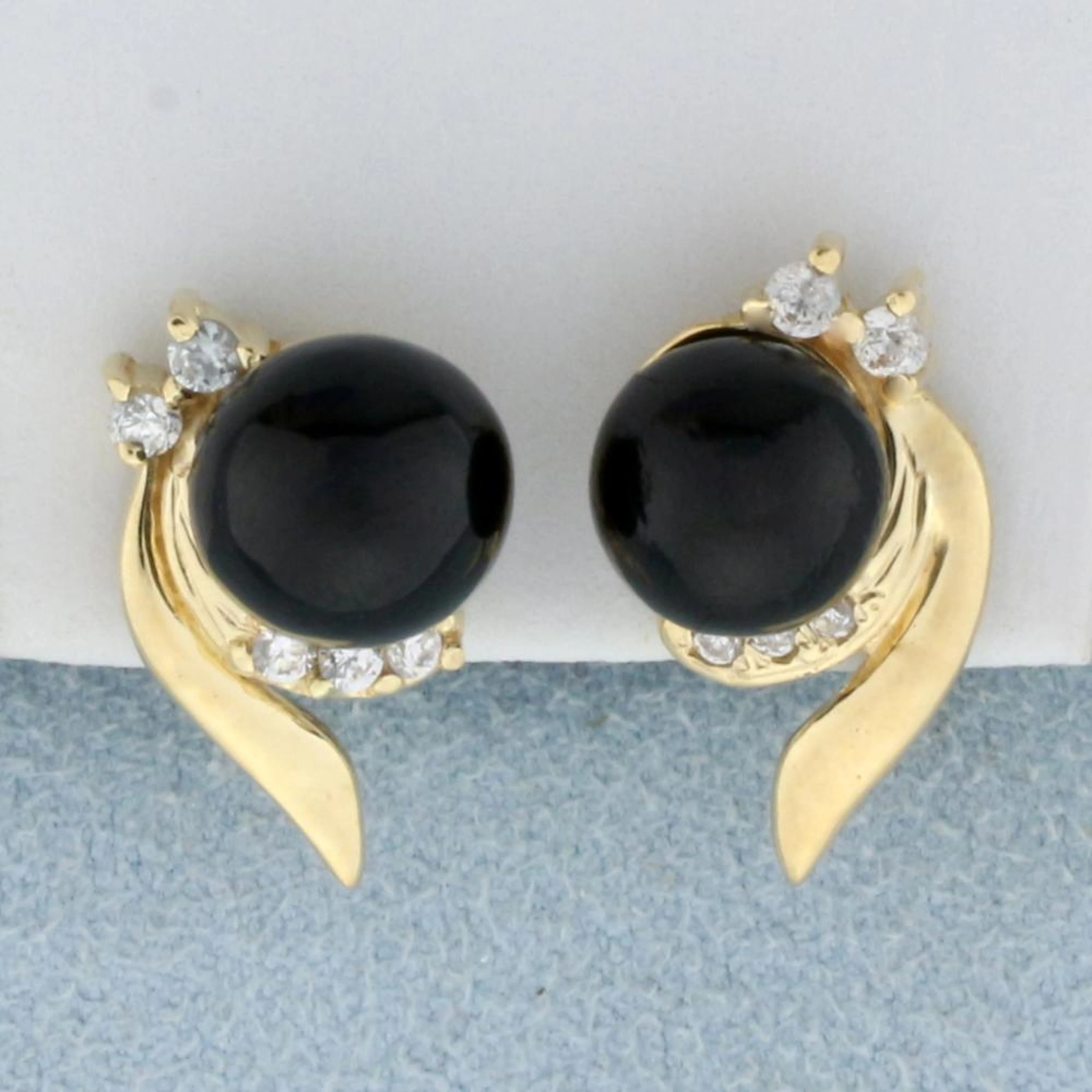 Obsidian and Diamond Earrings in 14K Yellow Gold