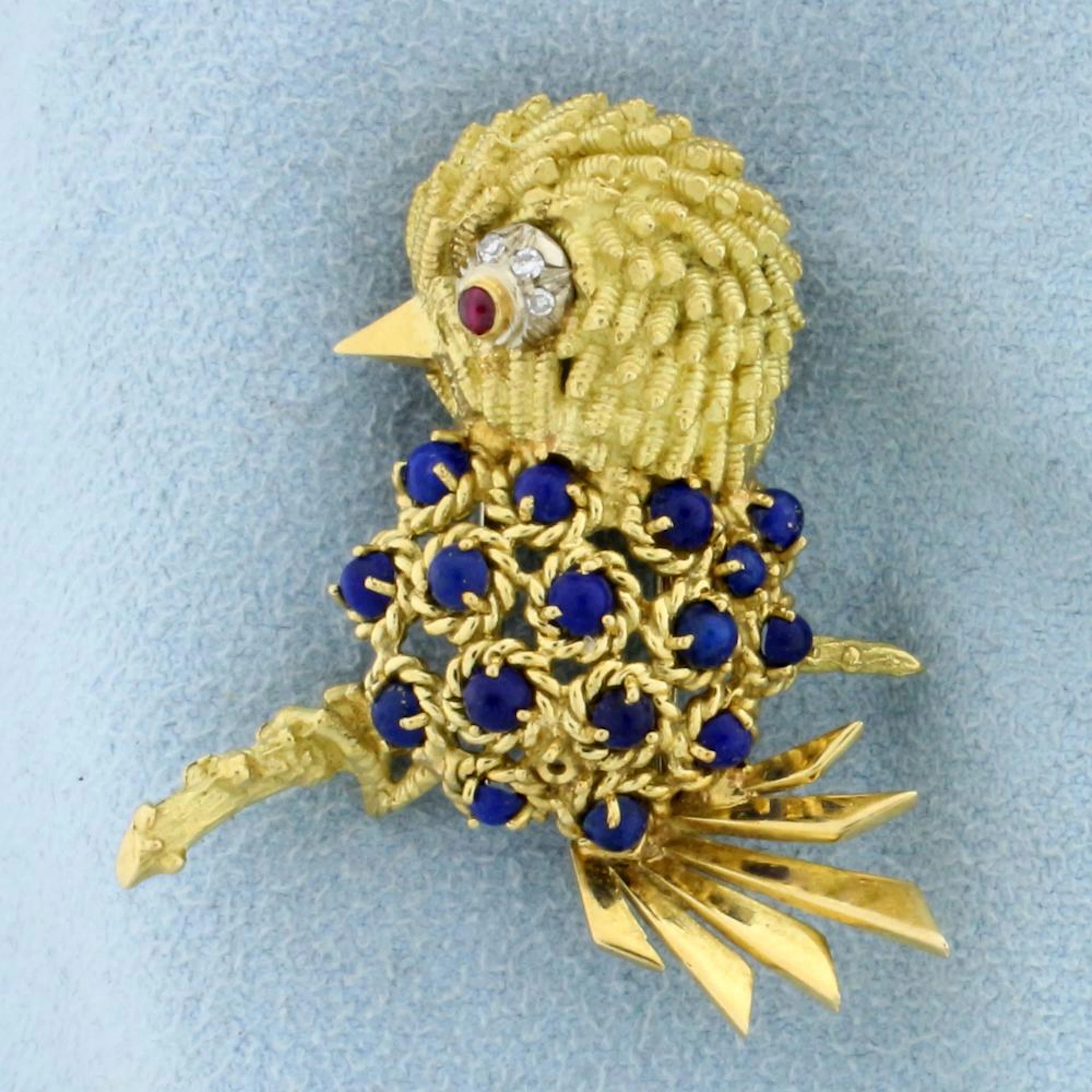 Italian Made Lapis, Ruby, and Diamond Bird Pin in 18K Yellow Gold