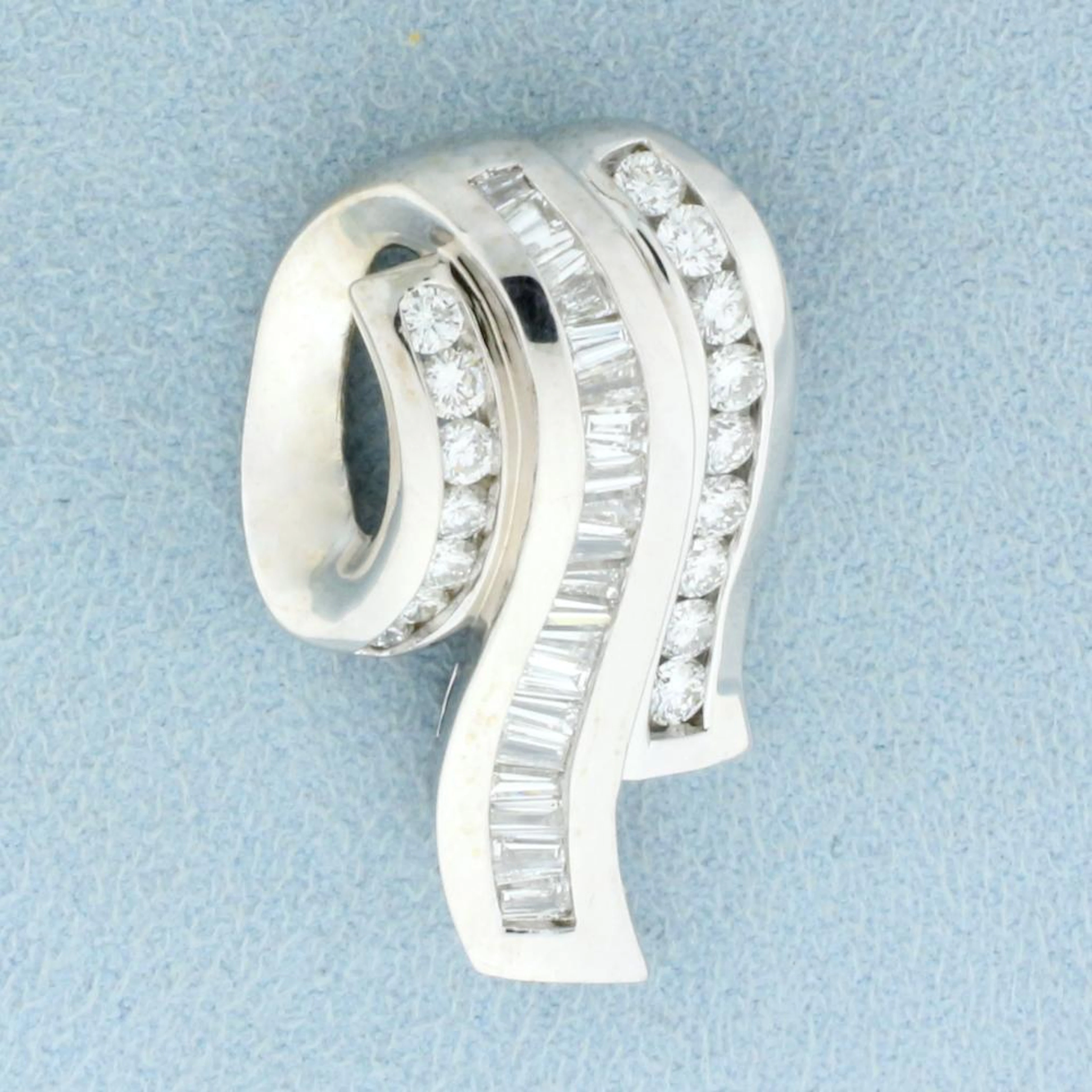 2ct TW Baguette and Round Diamond Pendant or Slide in 14K White Gold