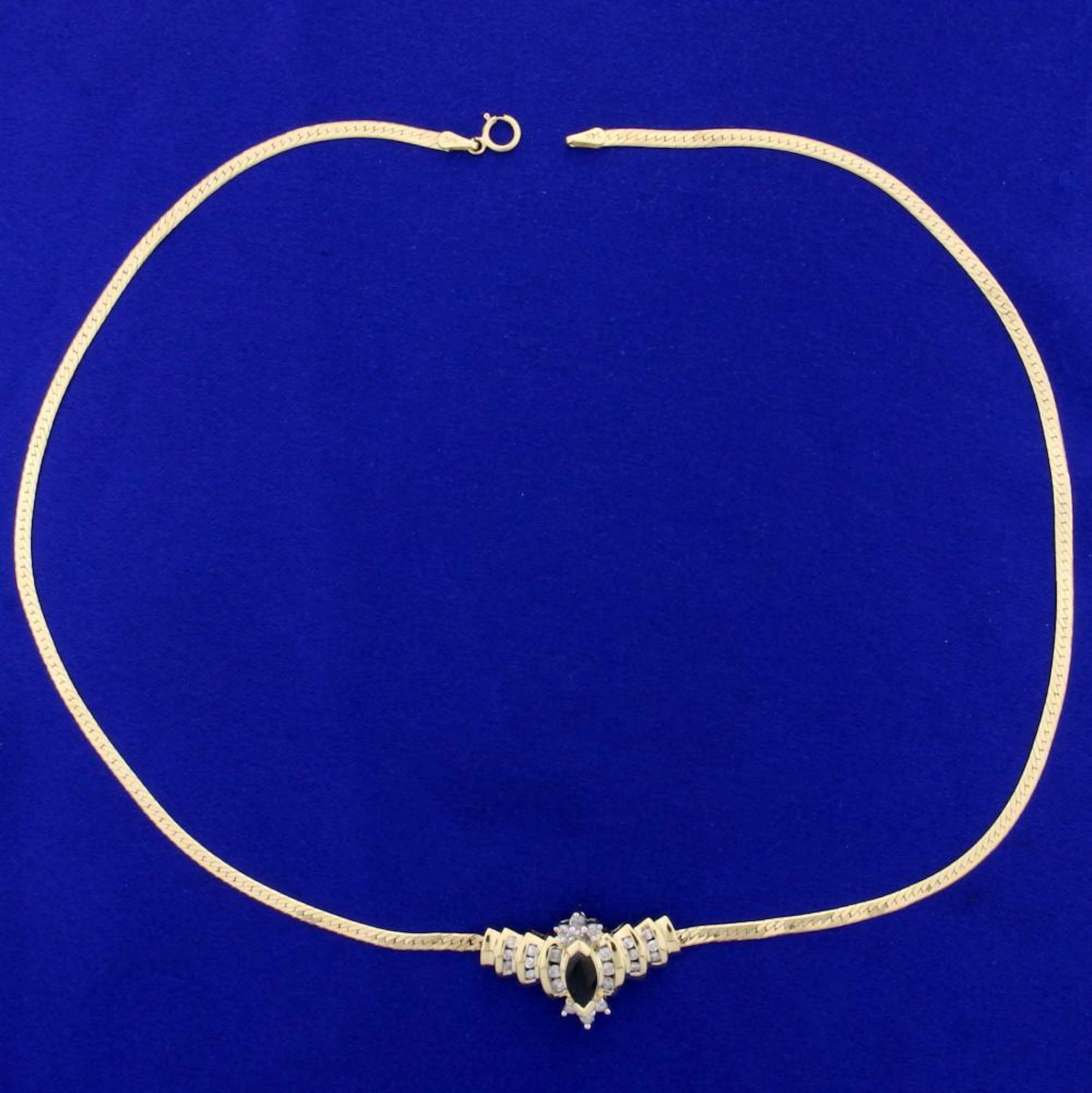 atural Sapphire and Diamond Herringbone Necklace in 14K Yellow Gold