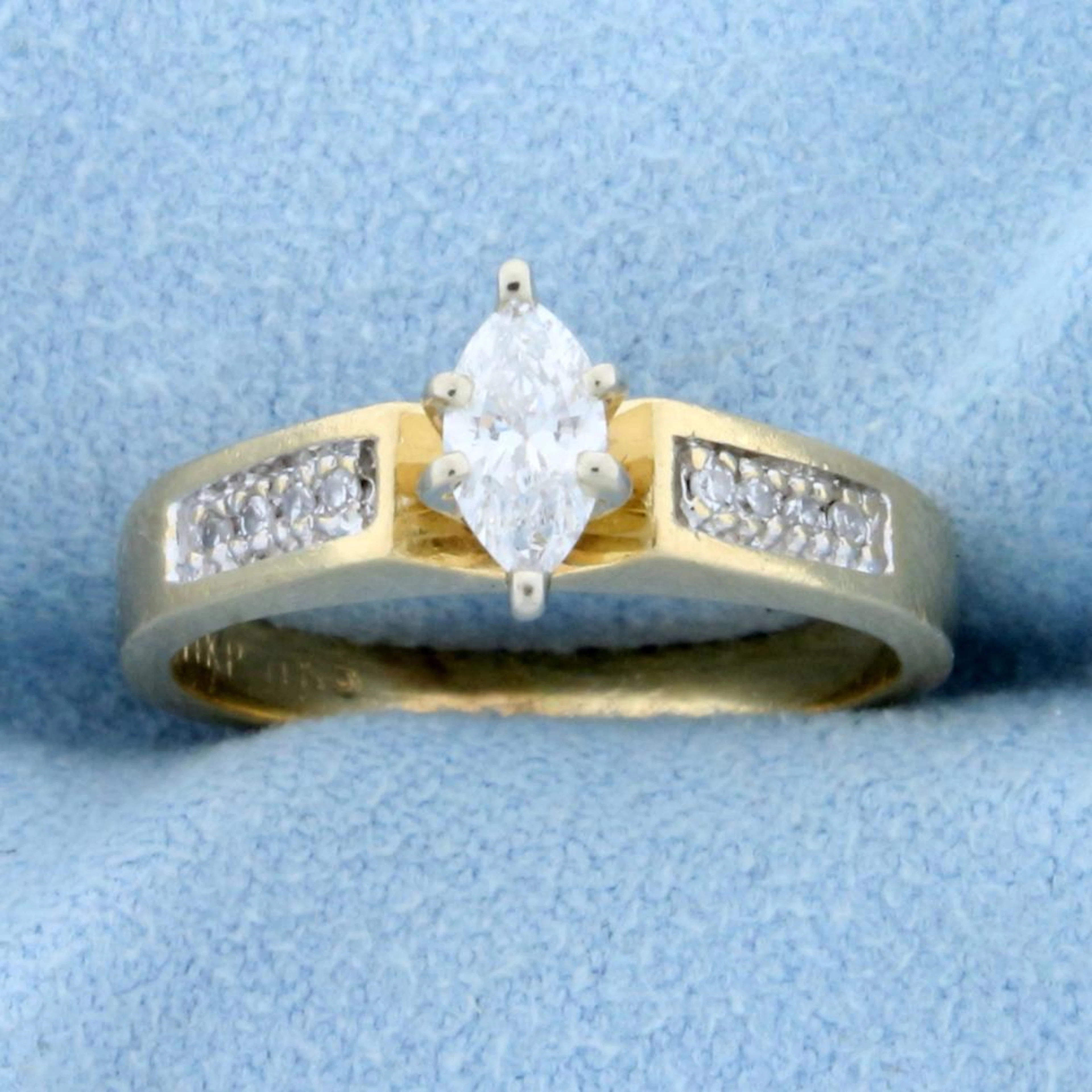 Vintage Marquise and Round Diamond Engagement Ring in 14K Yellow Gold