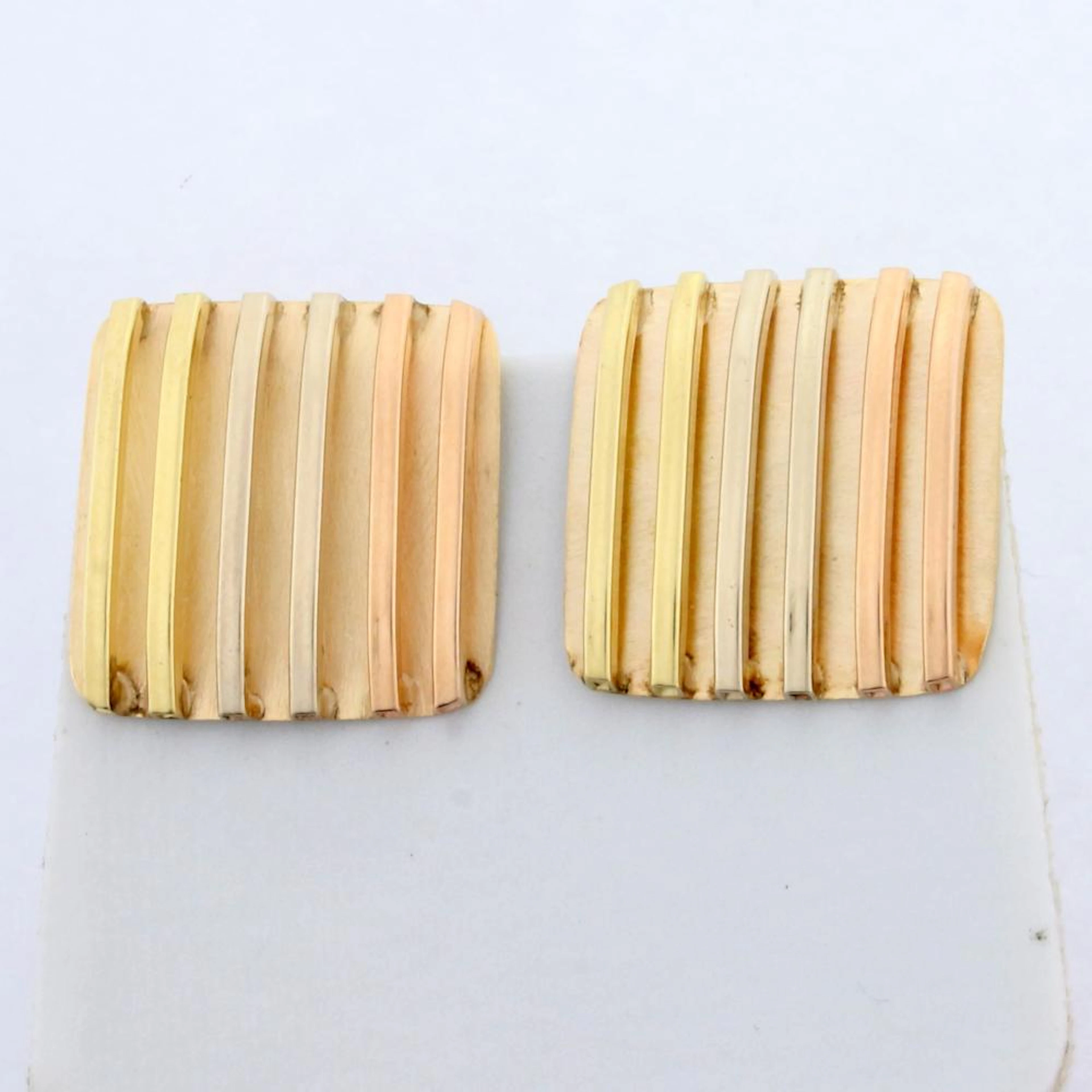 Tri-Colored Art-Deco Design Earrings in 14K Yellow, White, and Rose Gold