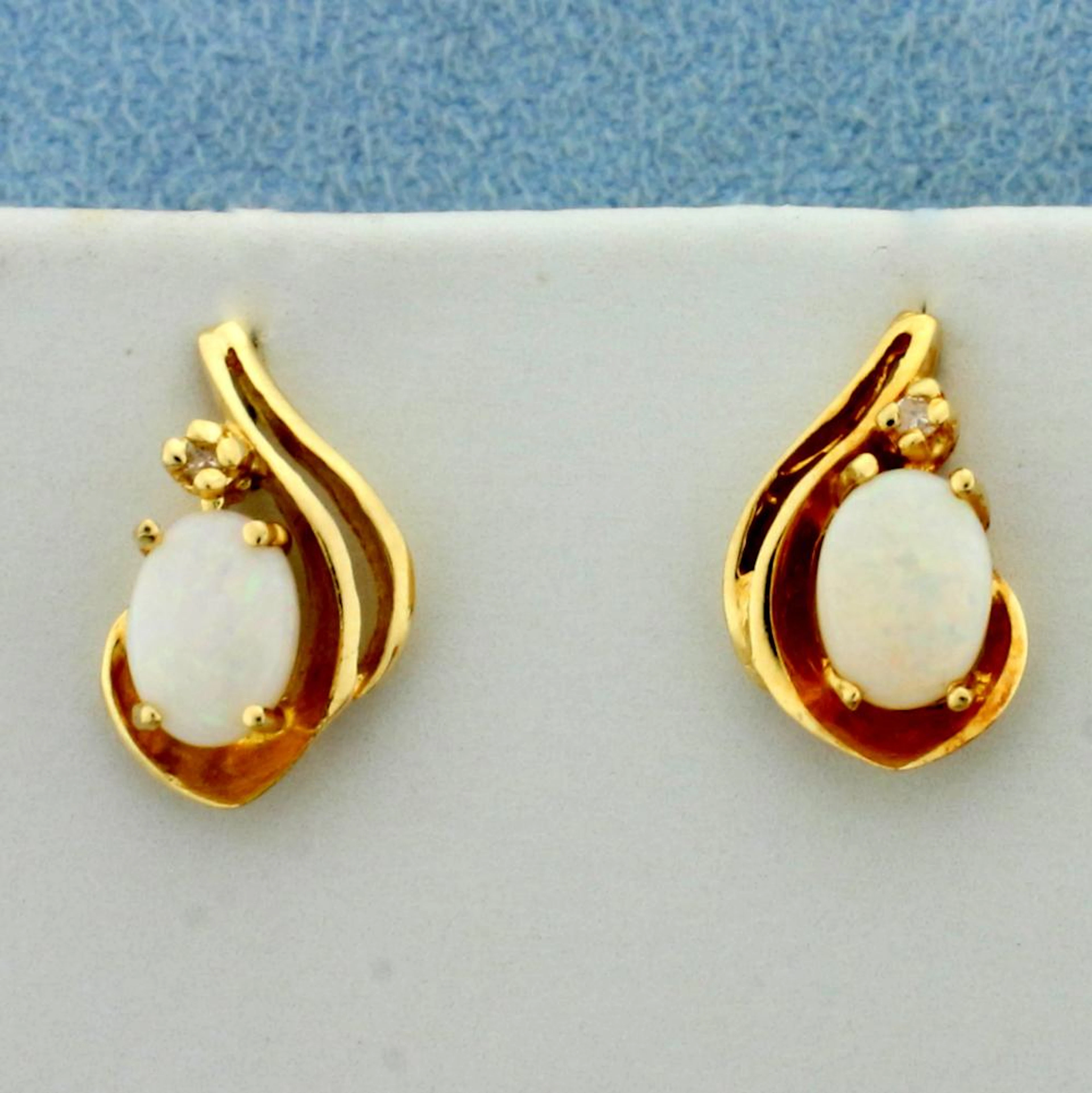 Natural Opal and Diamond Earrings in 14K Yellow Gold