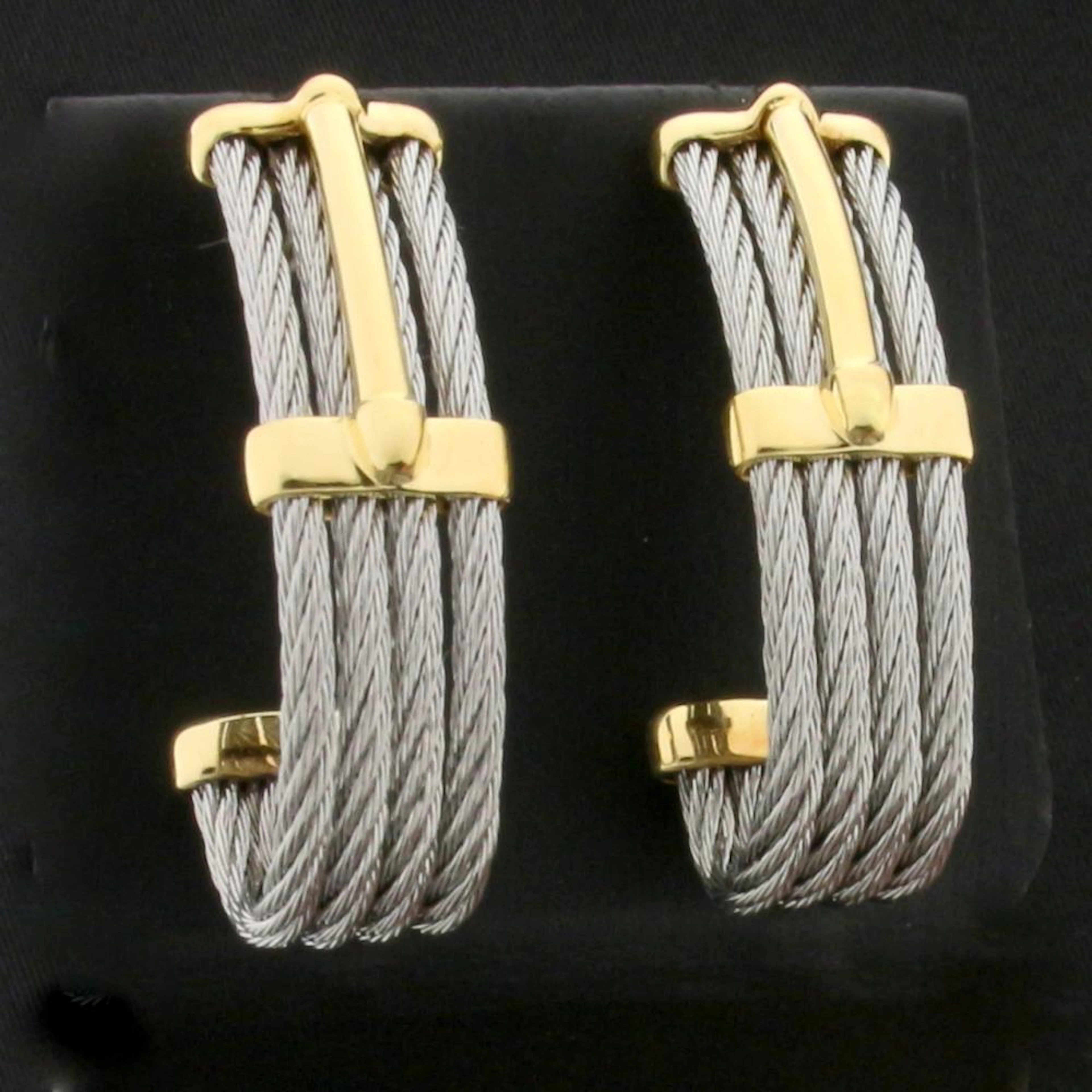 Designer Charriol Cable Link J Hoop Earrings in 18K White and Yellow Gold