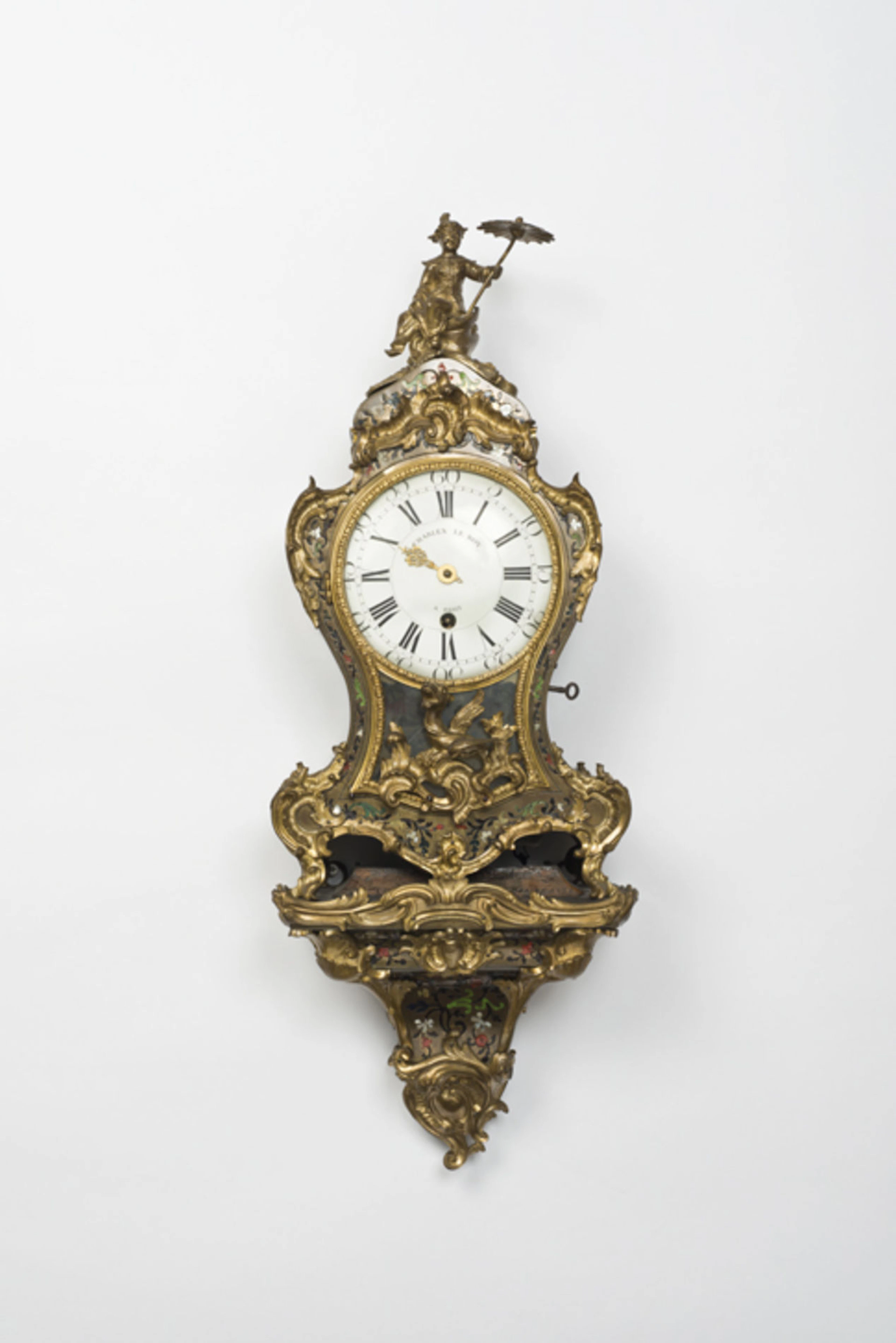 Cartel en marqueterie, placage de cuivre, ébène et composition teintée