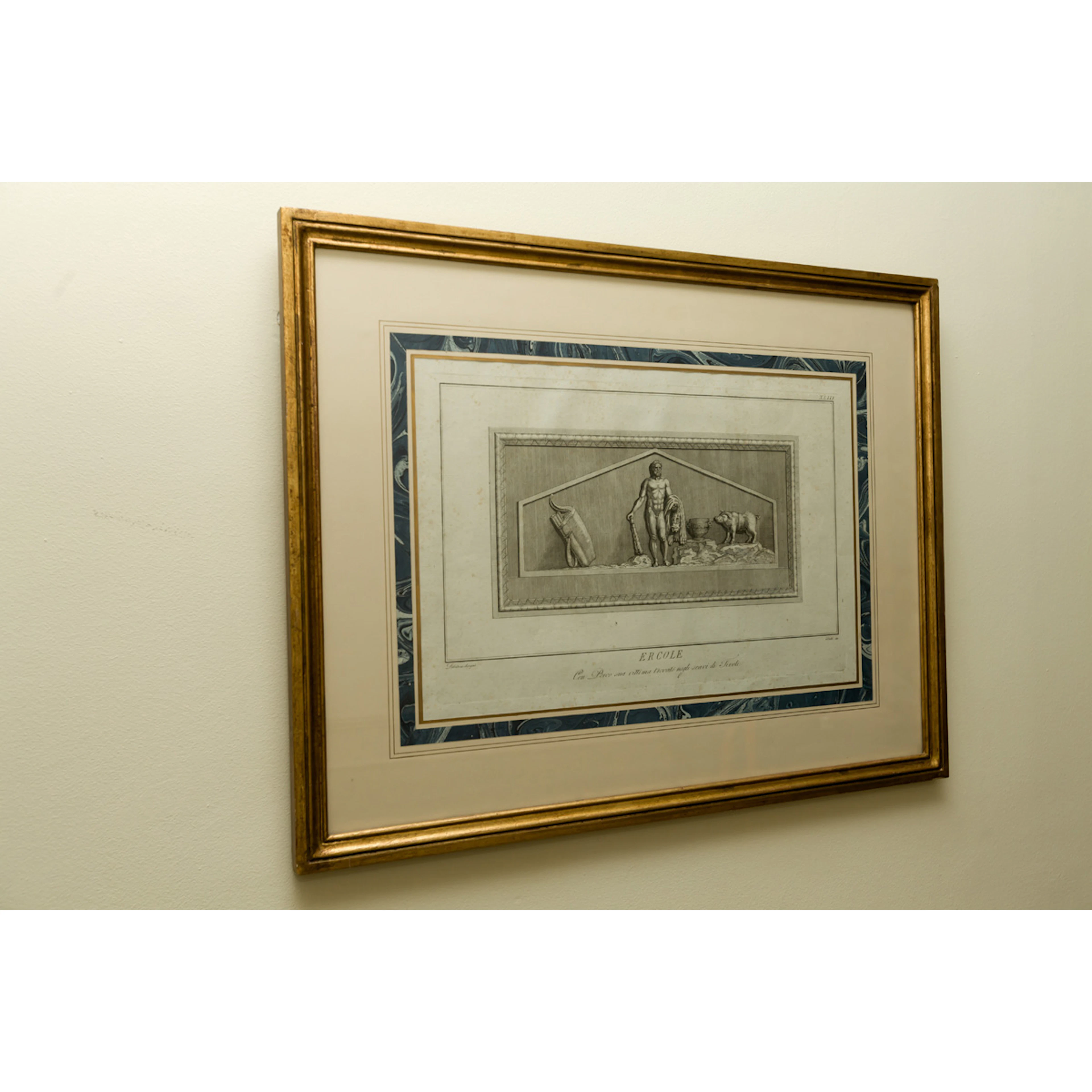 Four etchings depicting antique sculptures and an antique architectural view