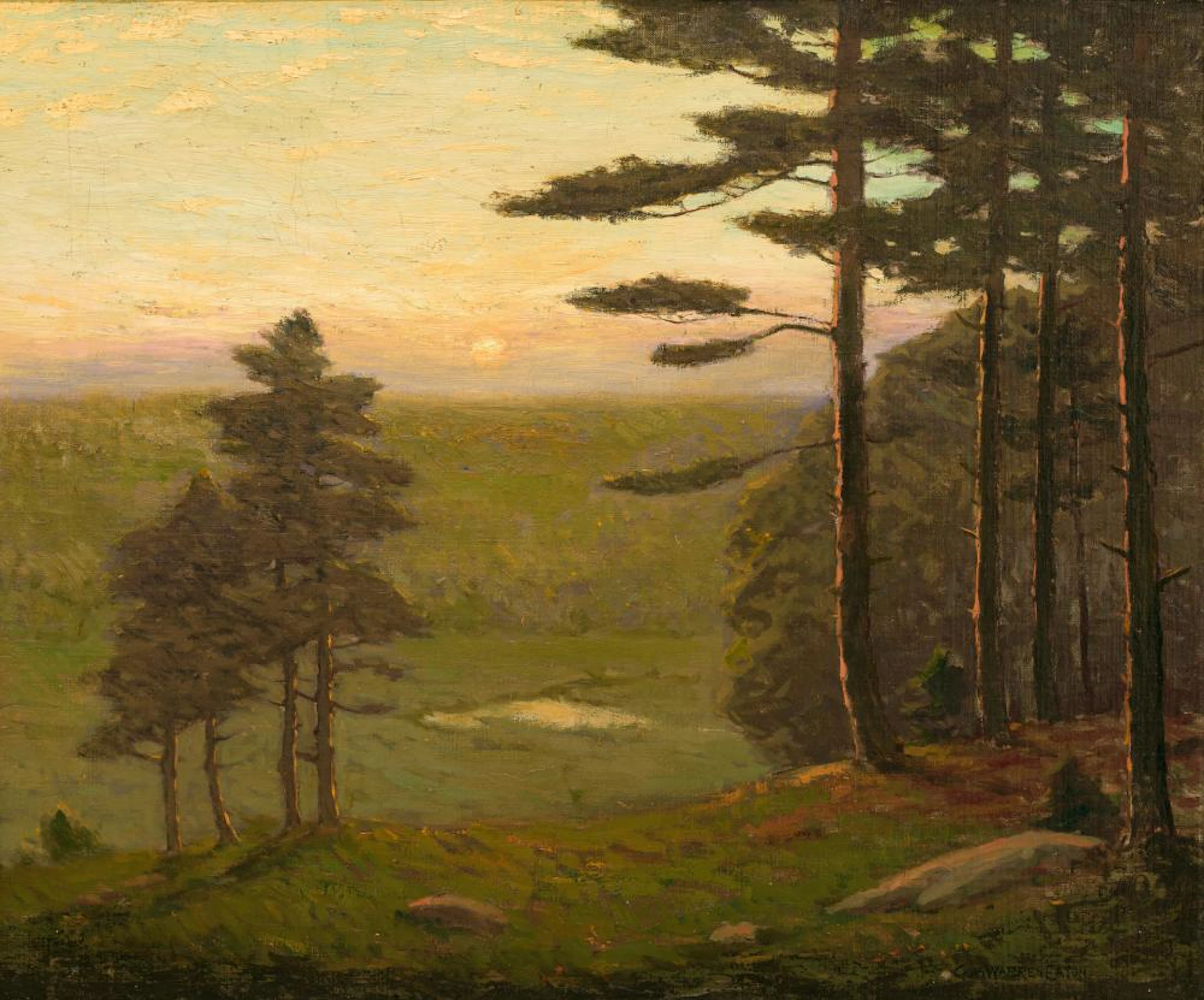 CHARLES WARREN EATON, American (1857-1937), "Valley at Sunset", oil on canvas, signed lower right "Chas. Warren Eaton," titled on a...