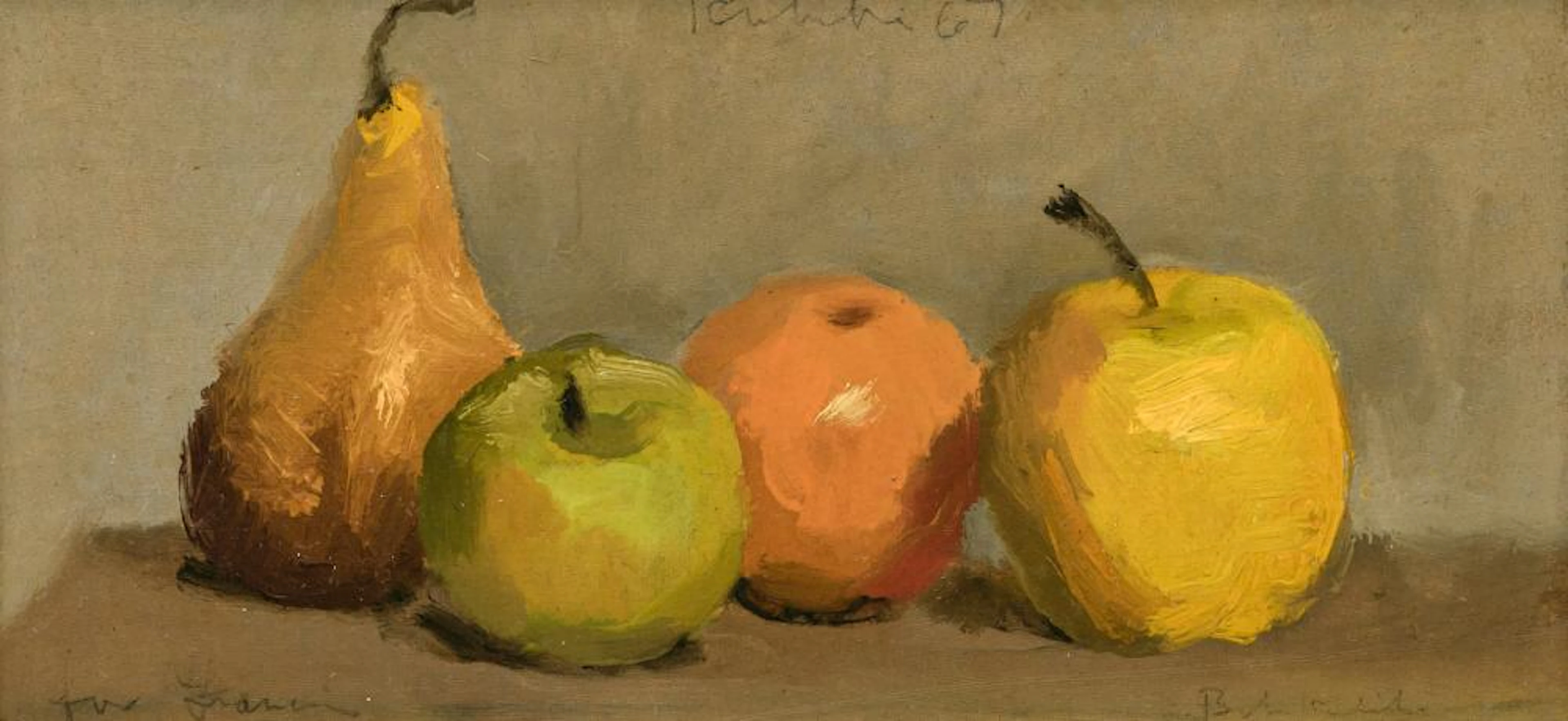 ROBERT KULICKE, American (1924-2007), "Fruit on a Table Top", oil on canvas, signed and dated upper center "Kulicke 67", inscribed l...