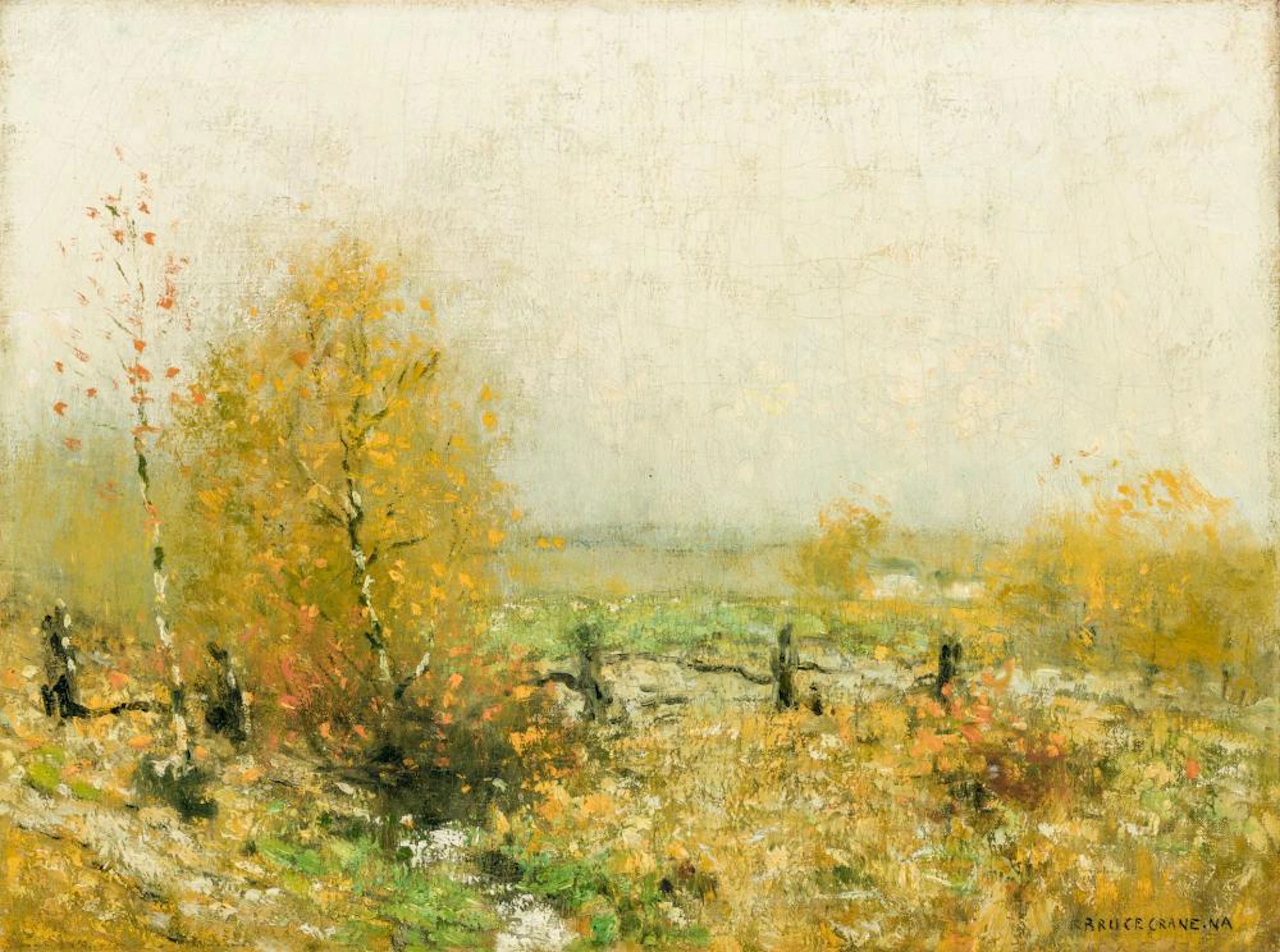 BRUCE CRANE, American (1857-1937), "October Day", oil on canvas, signed lower right "Bruce Crane N.A.," signed and titled on the str...