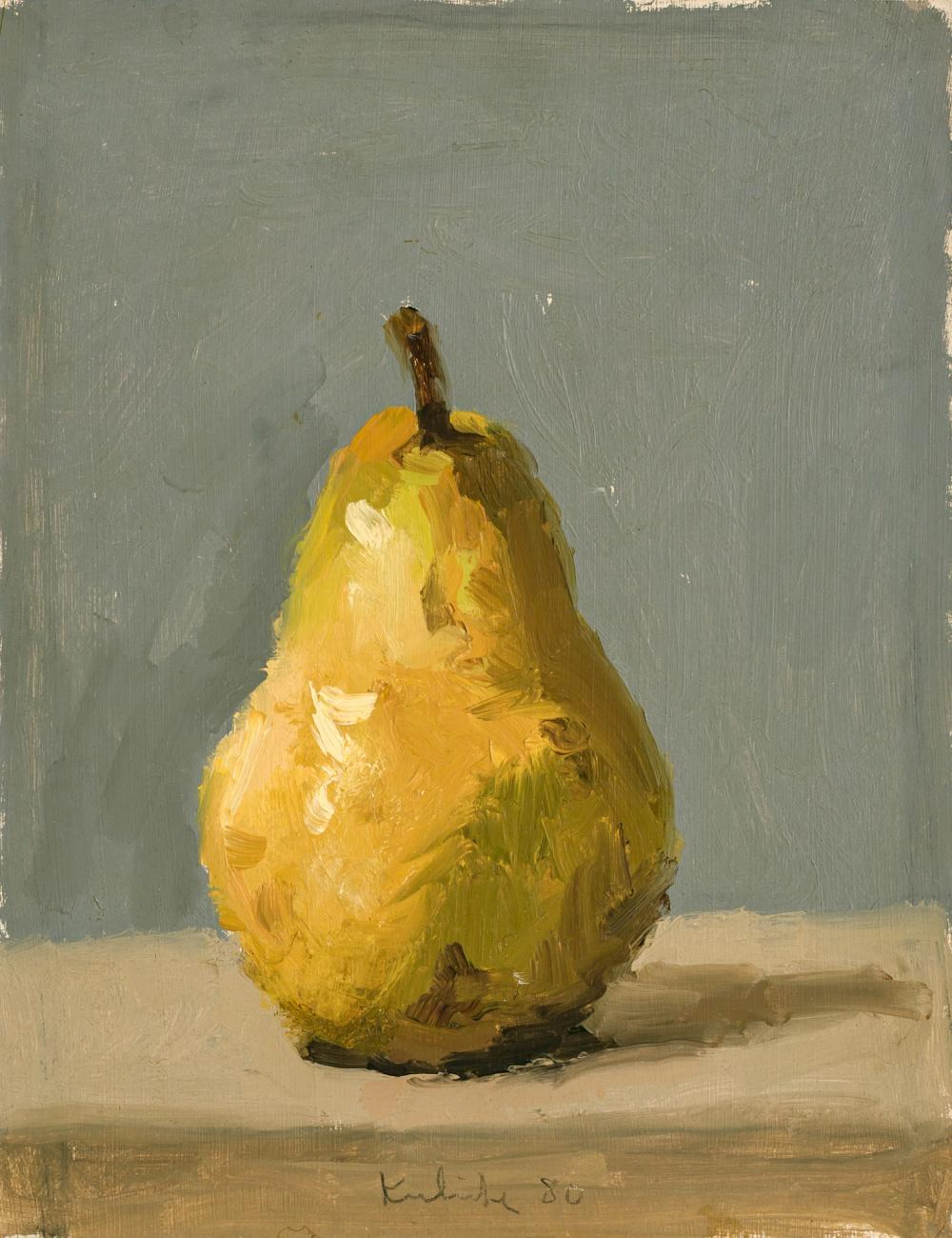 ROBERT KULICKE, American (1924-2007), "Single Pear", oil on board, signed and dated lower center "Kulicke 80", 8 7/8 x 6 7/8 inches