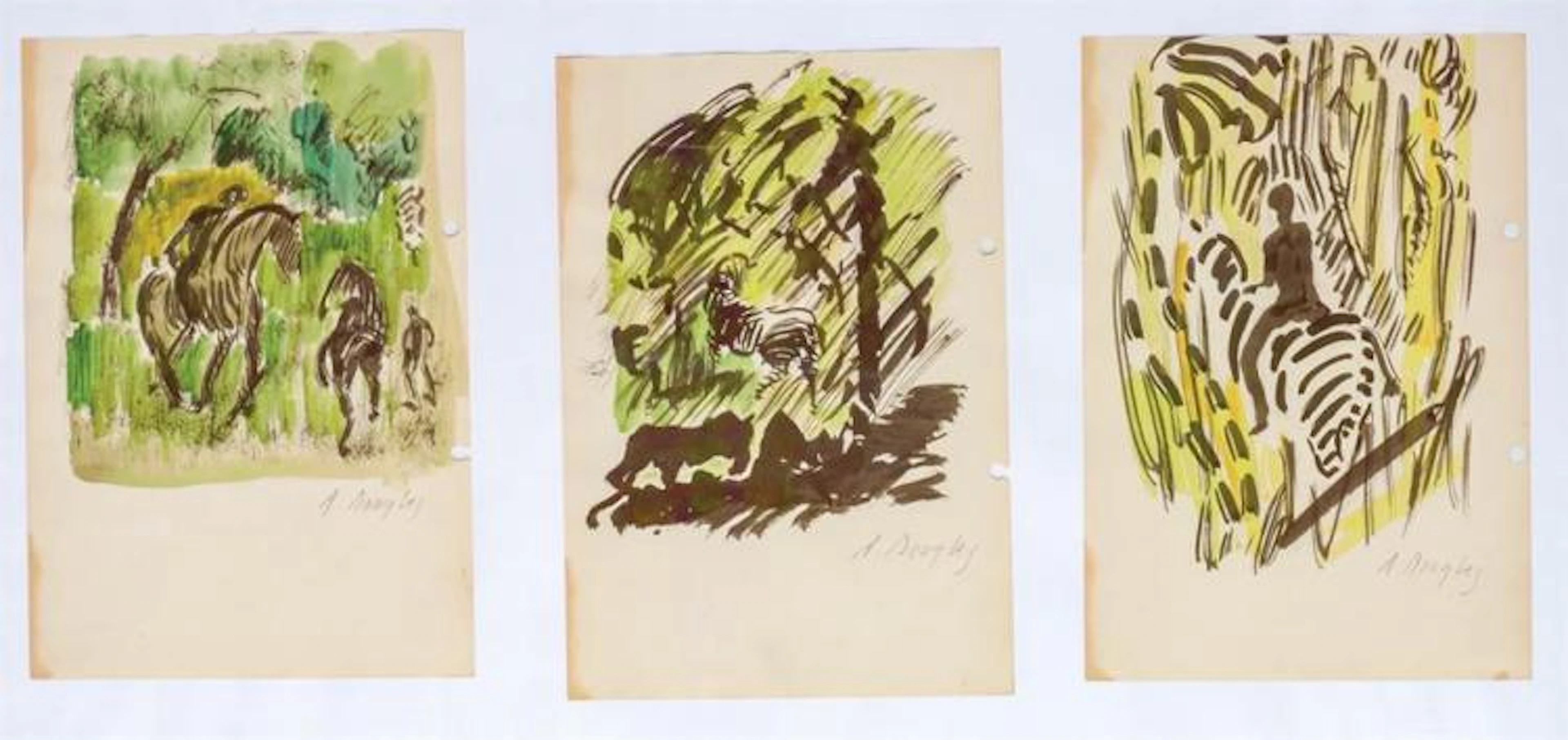 AARON DOUGLAS, American (1899 - 1979), Untitled (Group of 3 Notebook Sketches), watercolor on paper, signed "A. Douglas" lower right...
