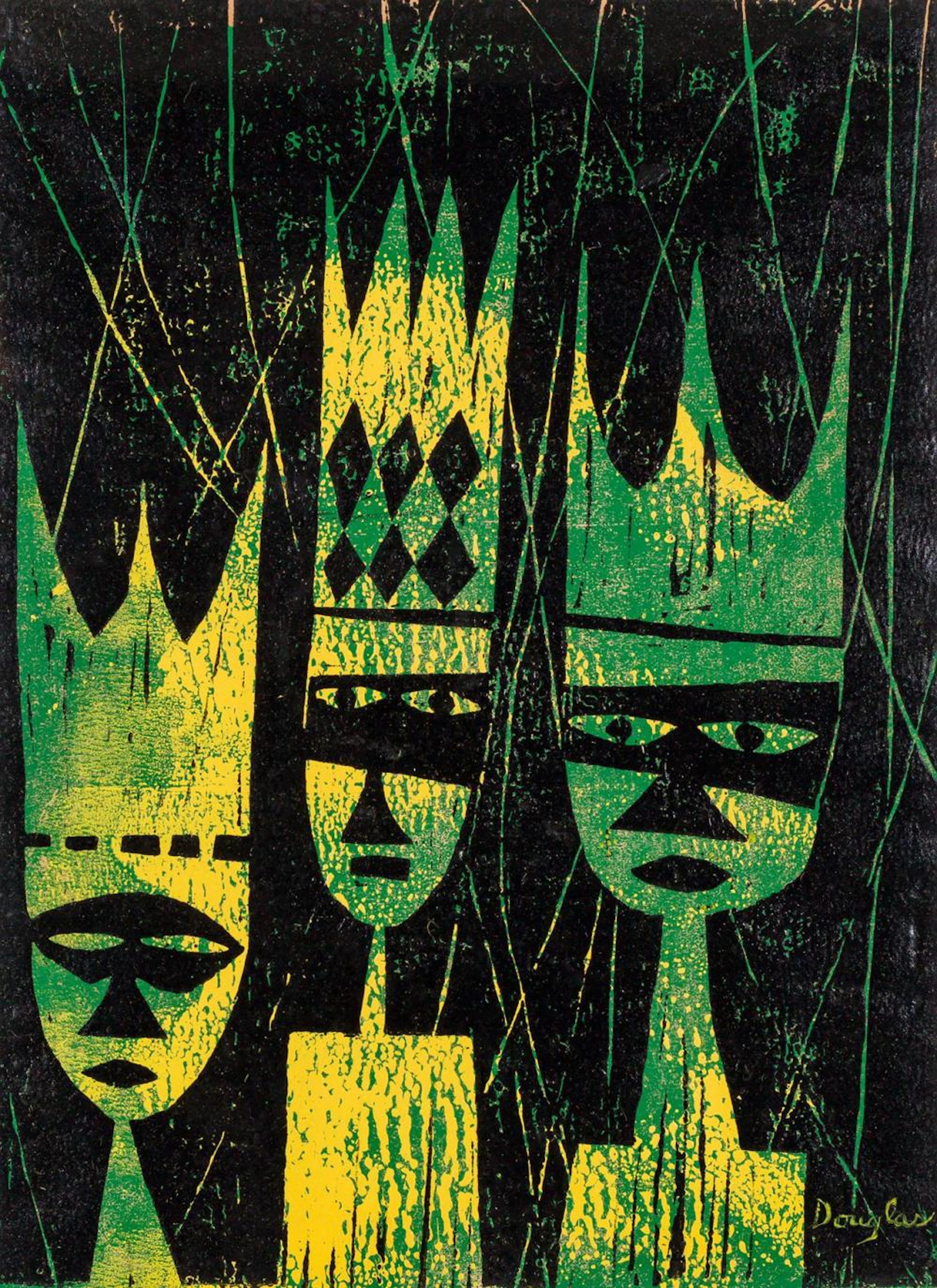 AARON DOUGLAS, American (1899-1979), Three Masked Figures, linocut on paper, signed in the plate "Douglas" lower right, 11 3/4 x 9 i...