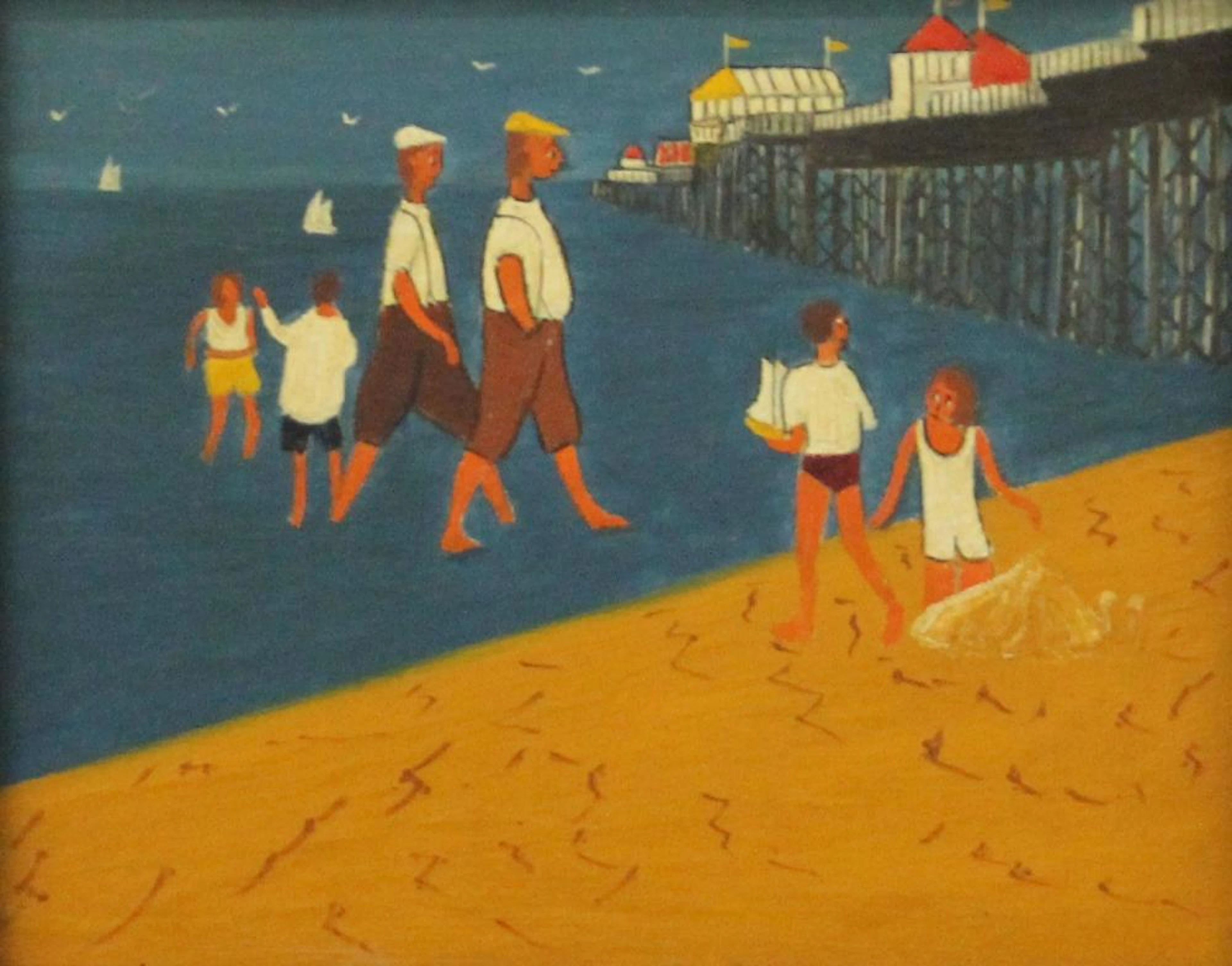 TOM KEATING, Pier View, oil on board, framed. 24 x 19.5 cm.