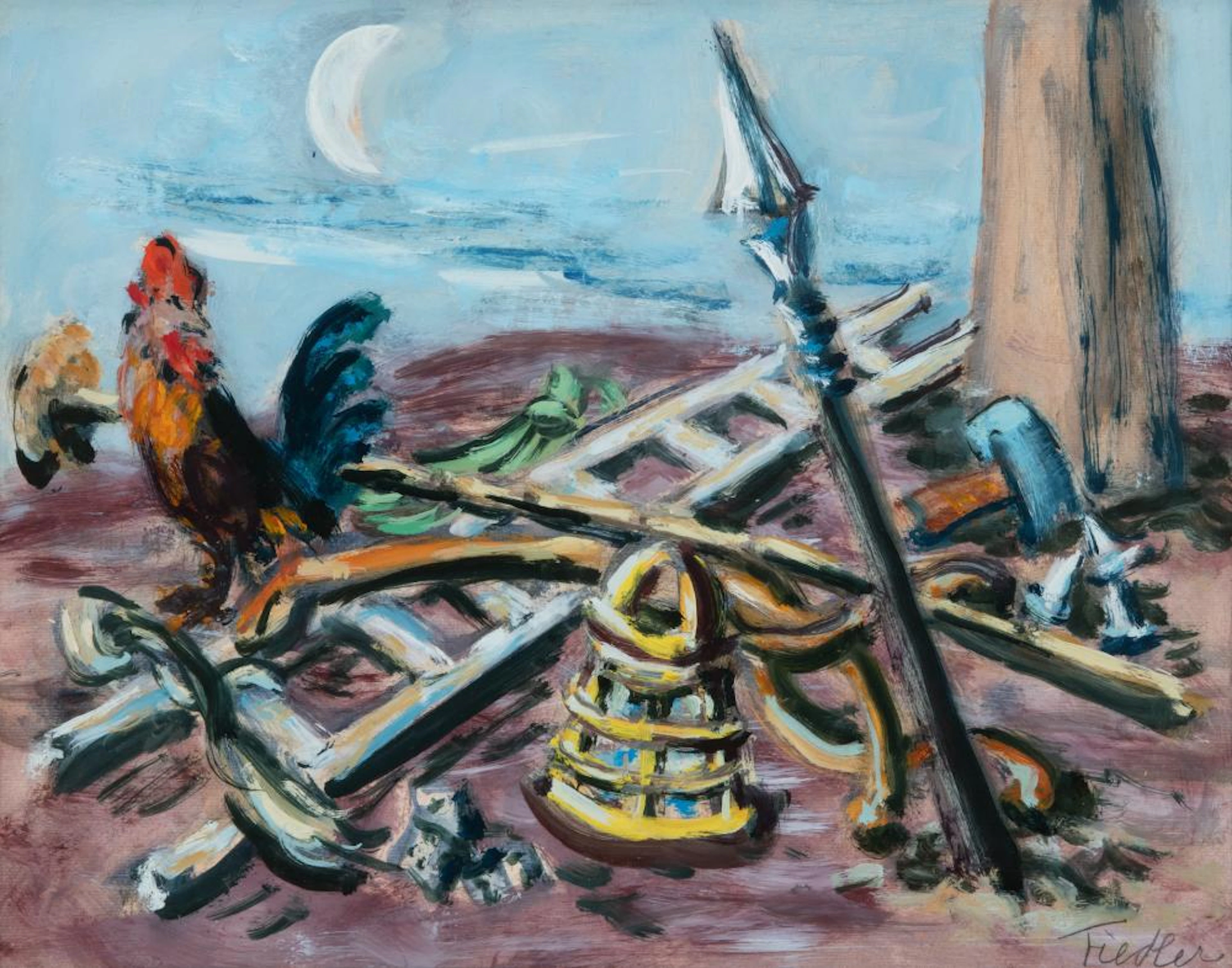 Allegorical composition by Herbert Fiedler with rooster and Arma Christi