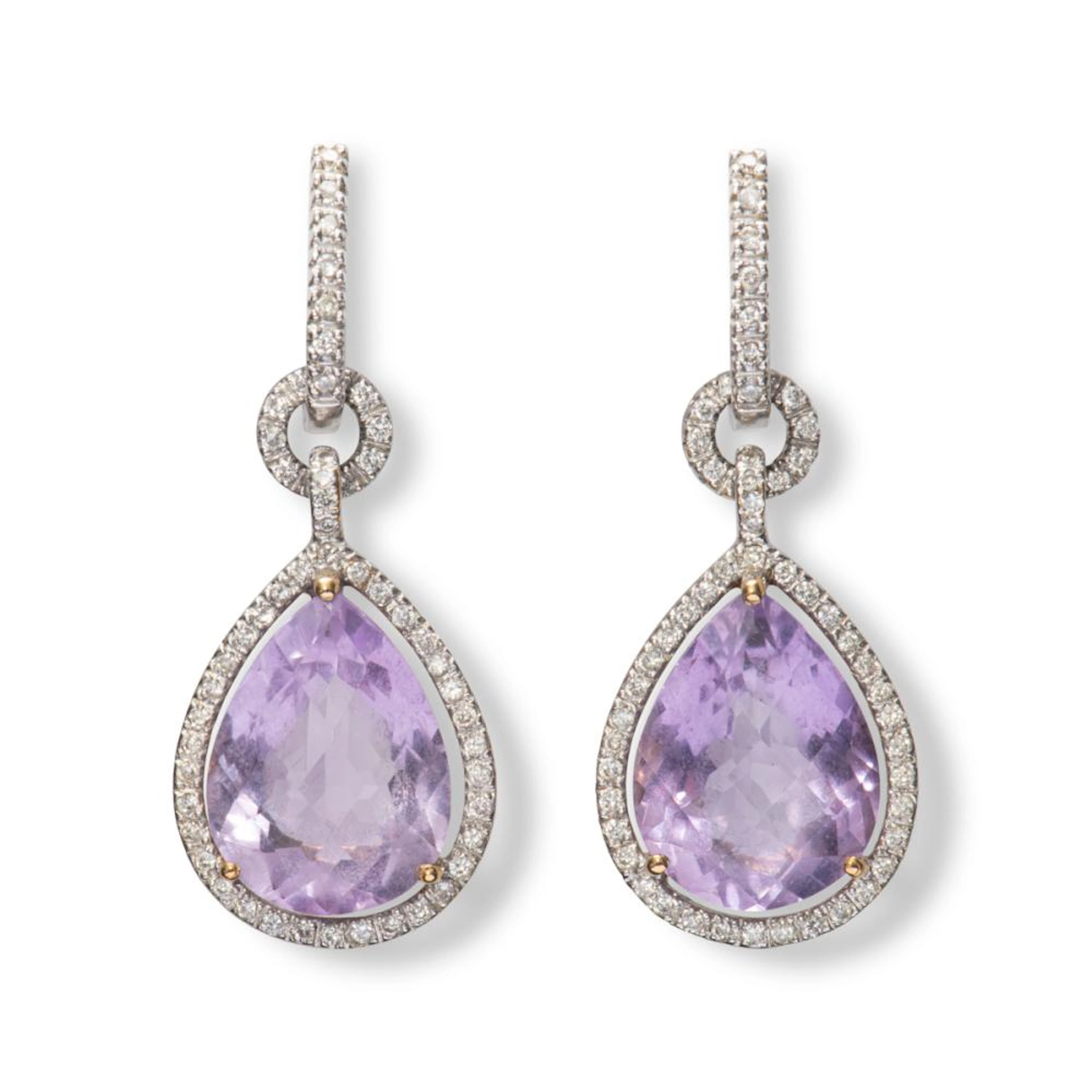 A pair of amethyst and diamond earrings.