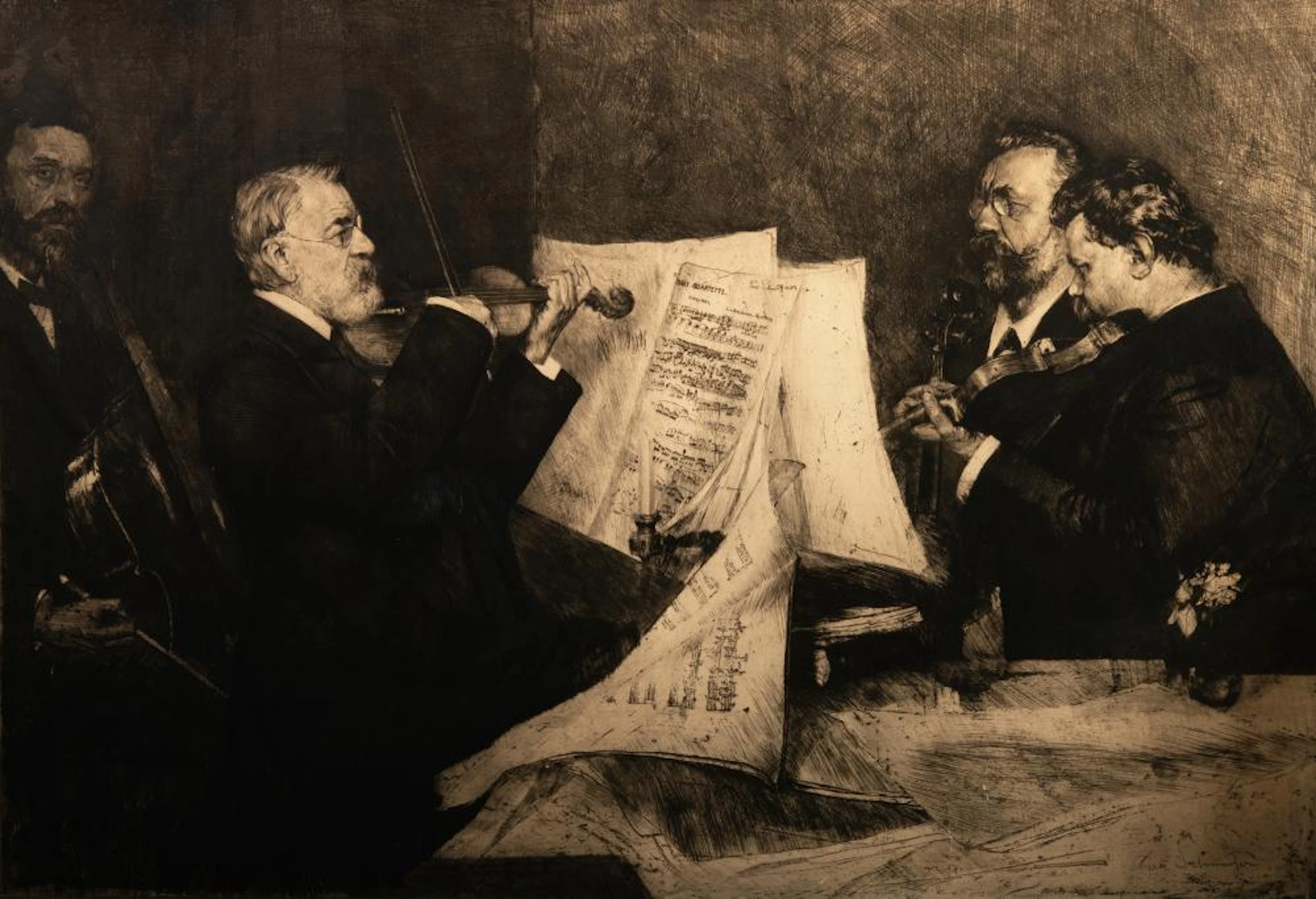 Large signed etching of a Beethoven concert