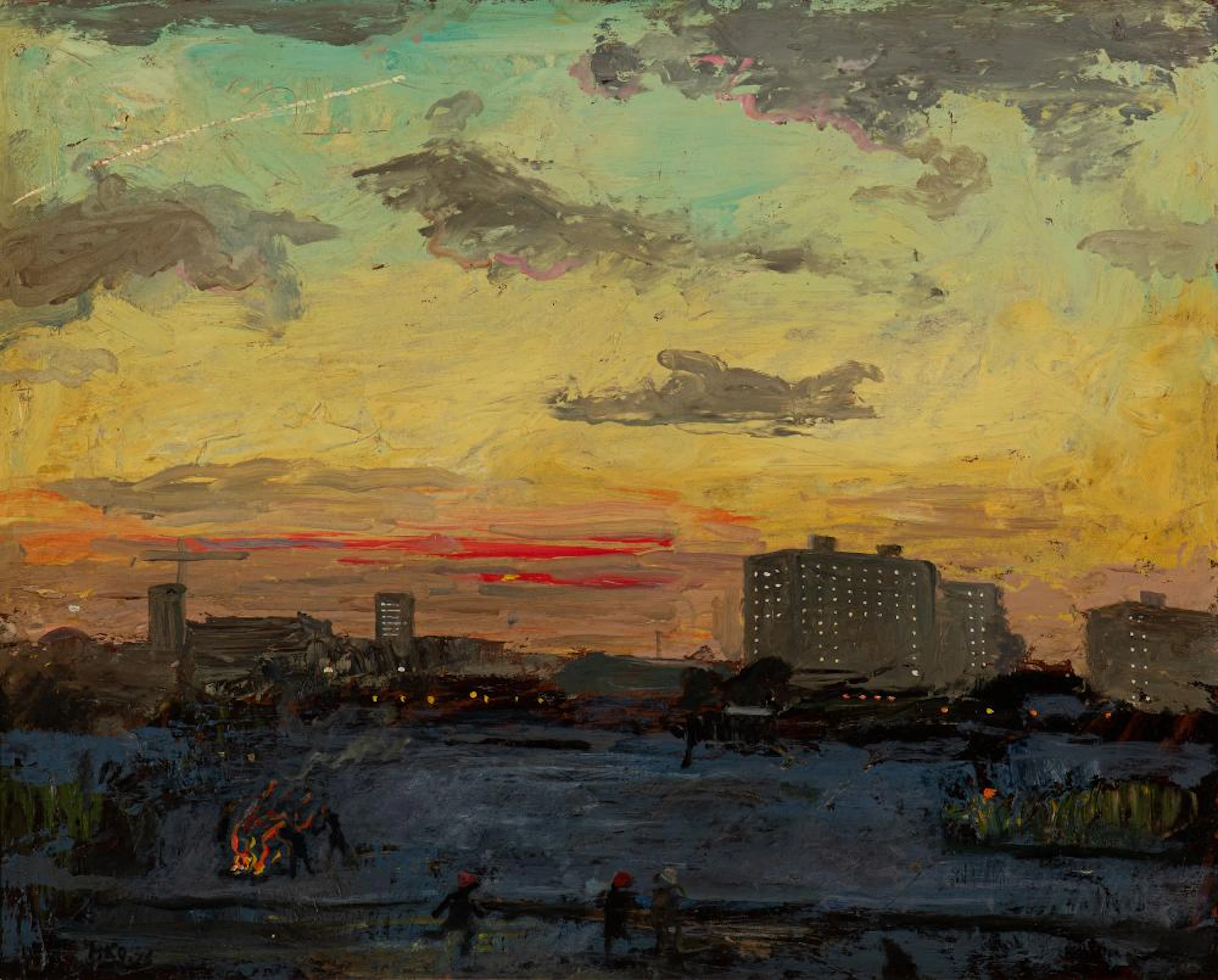Industrial romanticism of city sunset signed HKO