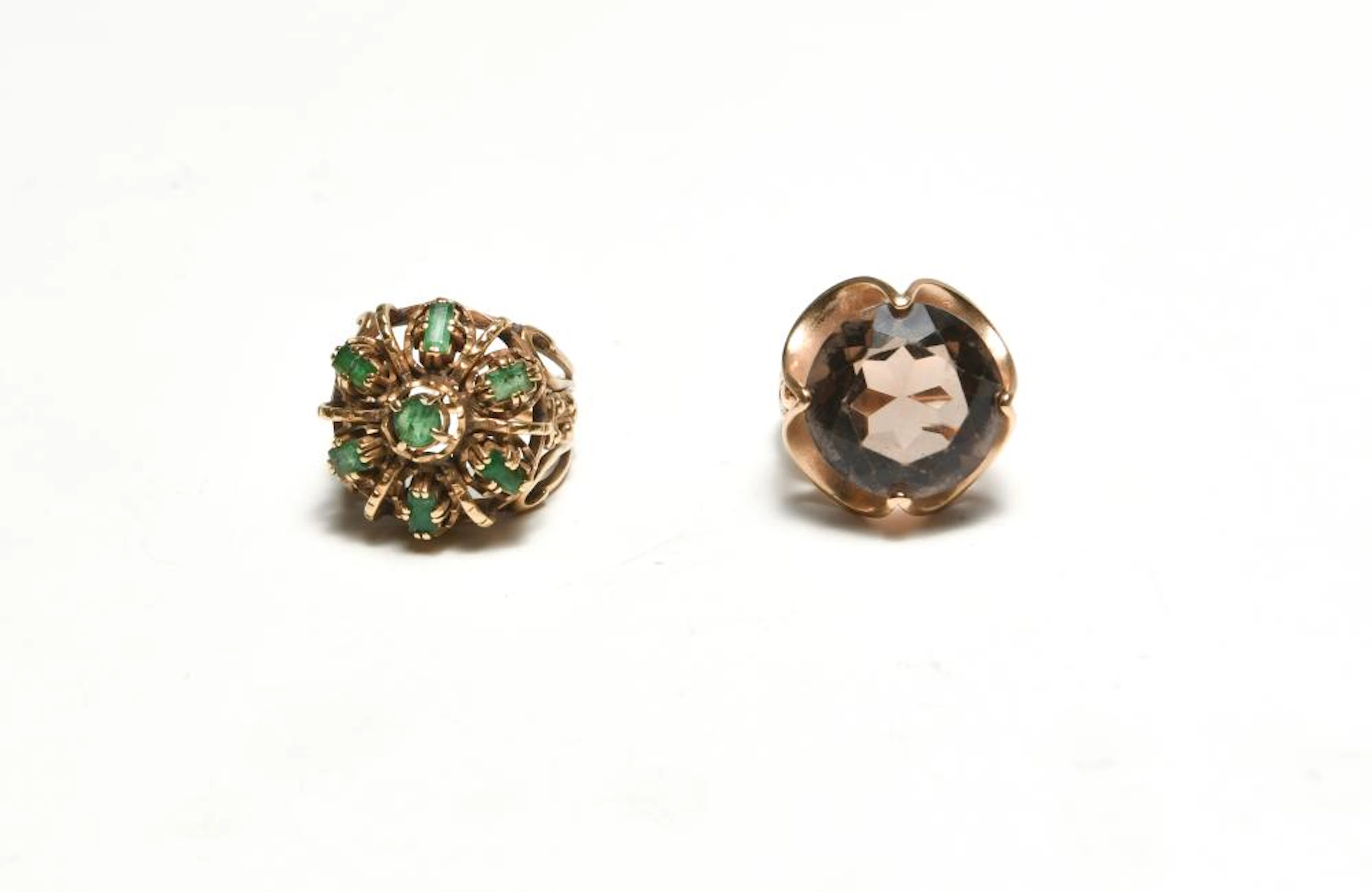 2 14K GOLD RINGS, GREEN CALCITE AND SMOKY QUARTZ