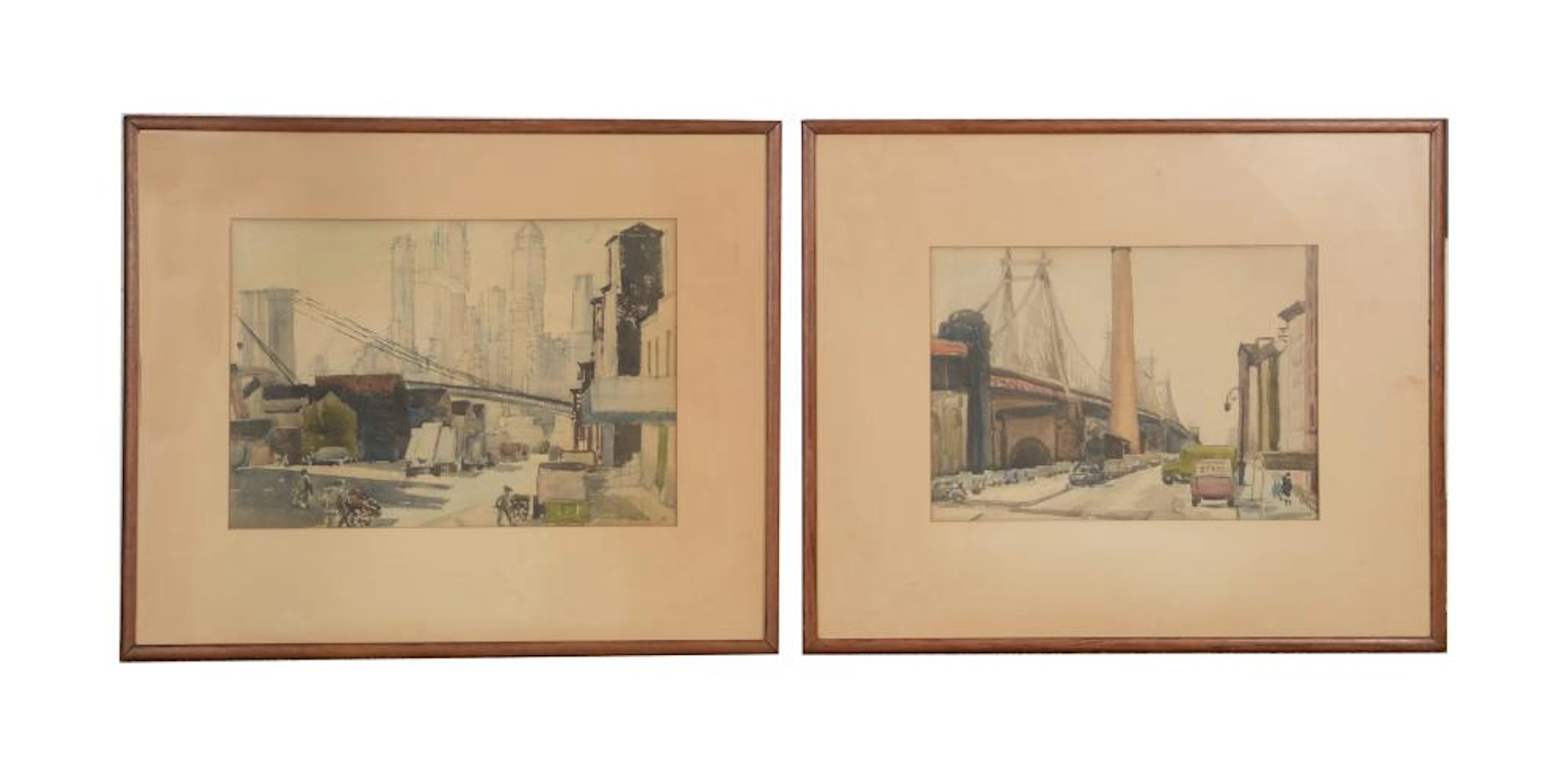 2 ASHCAN SCHOOL WATERCOLORS, BROOKLYN BRIDGE