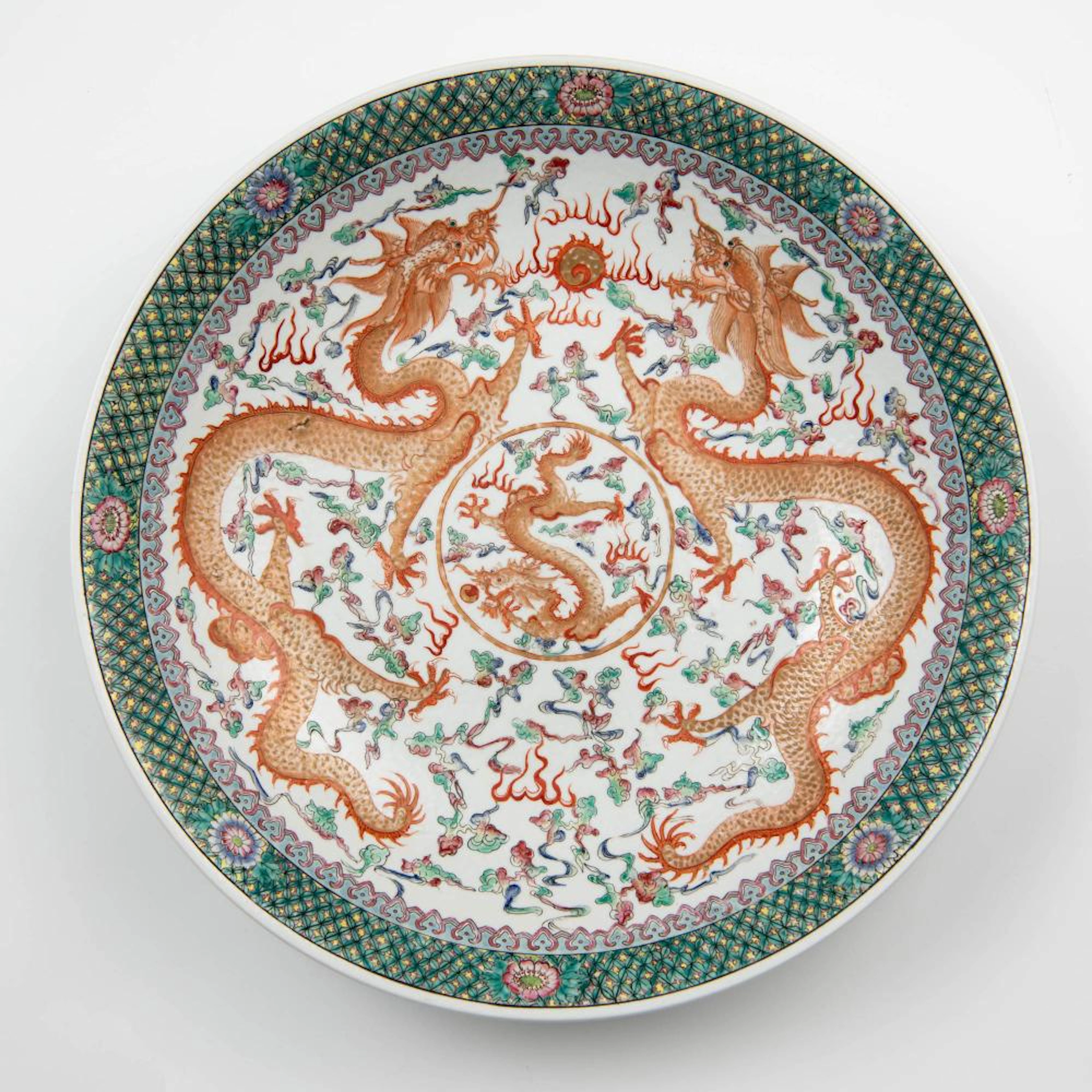 A large Chinese famille rose dragon plate, late 19th century