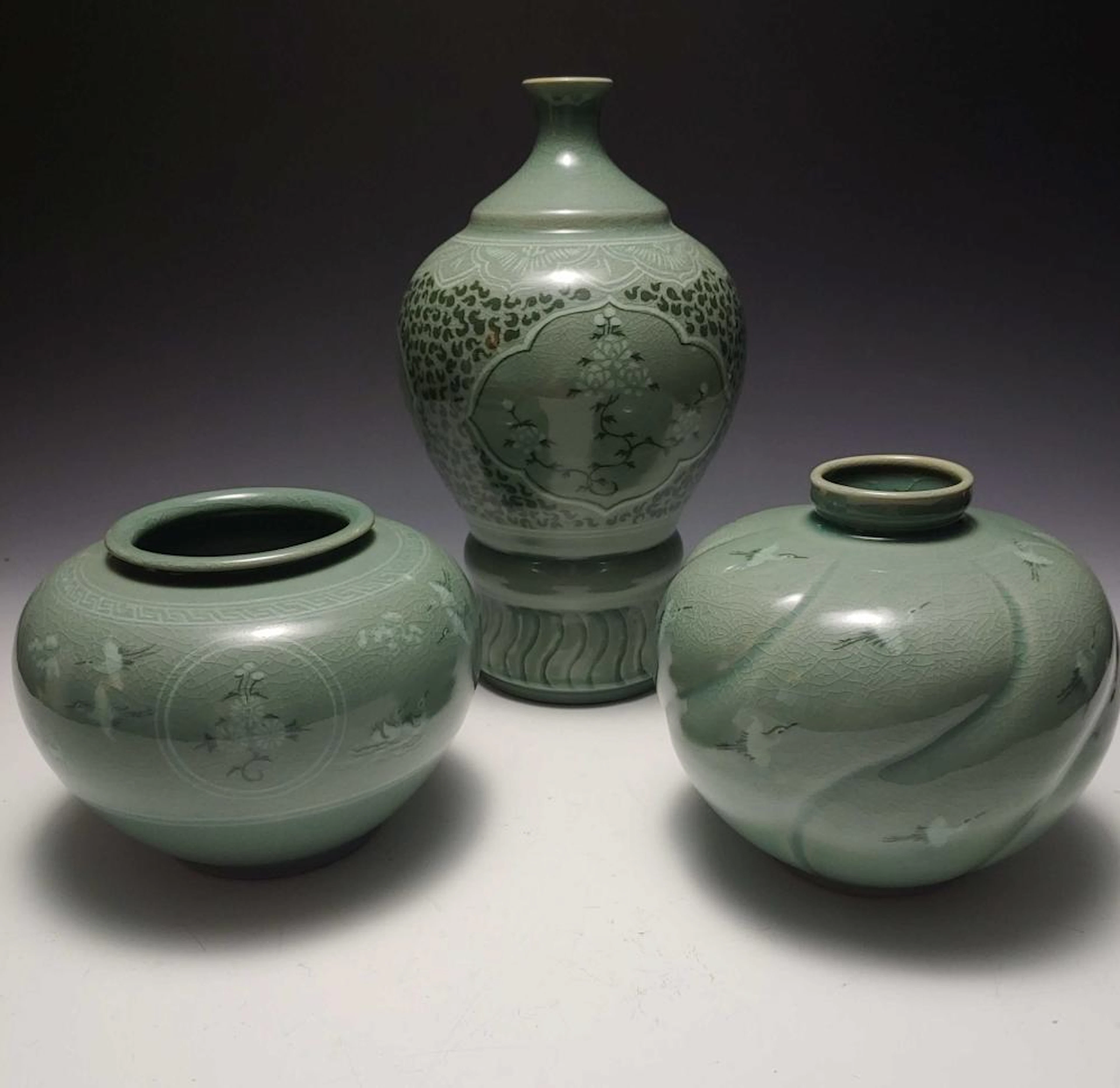 (3) KOREAN SANGGAM CELADON VASES, 2 WITH CRANES