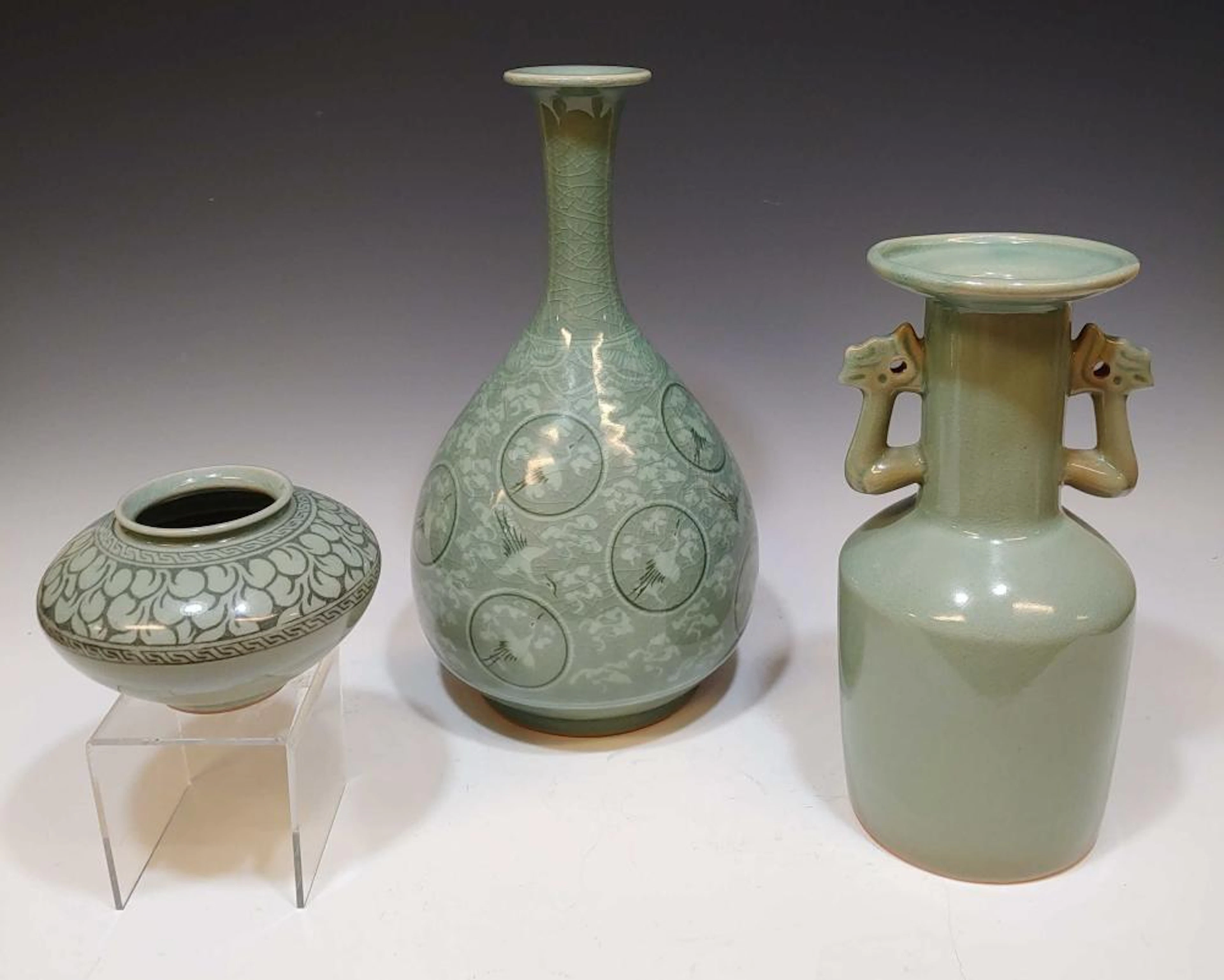 (3) KOREAN SANGGAM CELADON PORCELAIN VASES