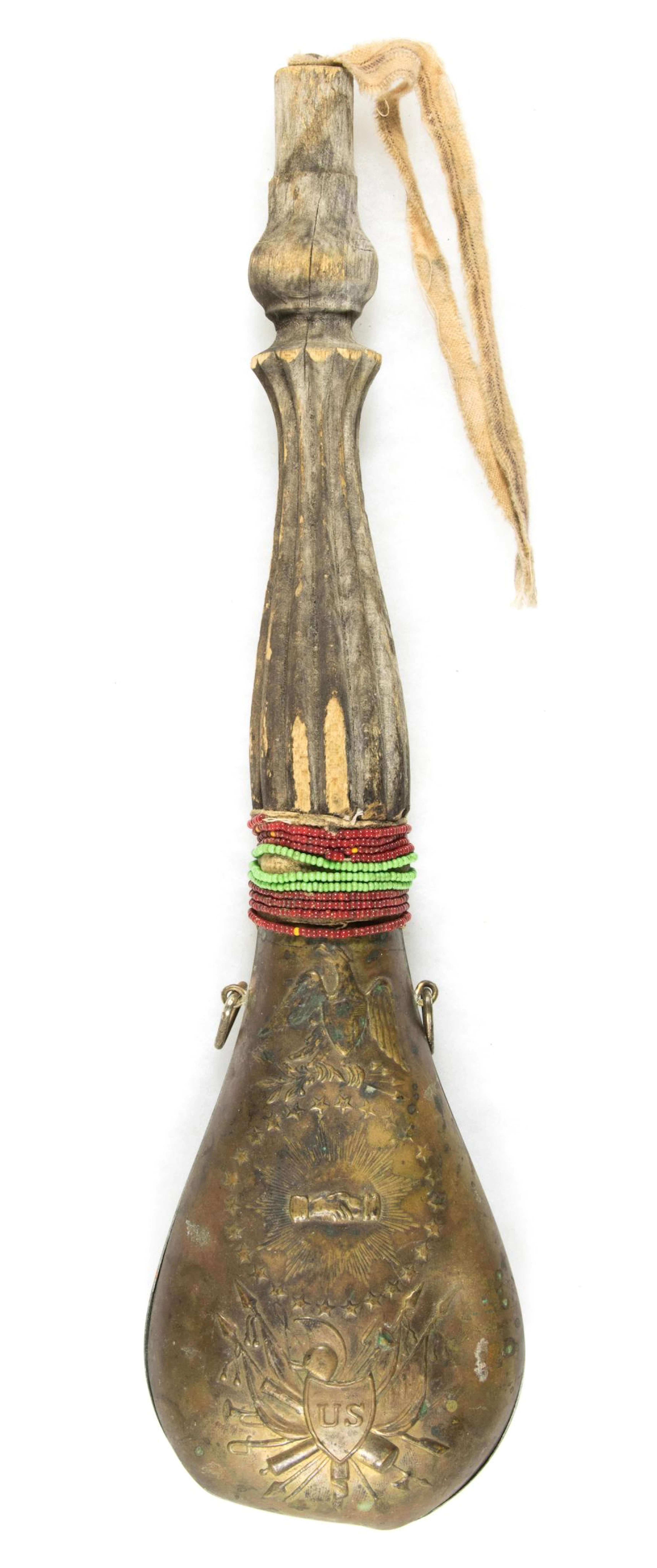 INDIAN RATTLE MADE OF ARMY POWDER FLASK
