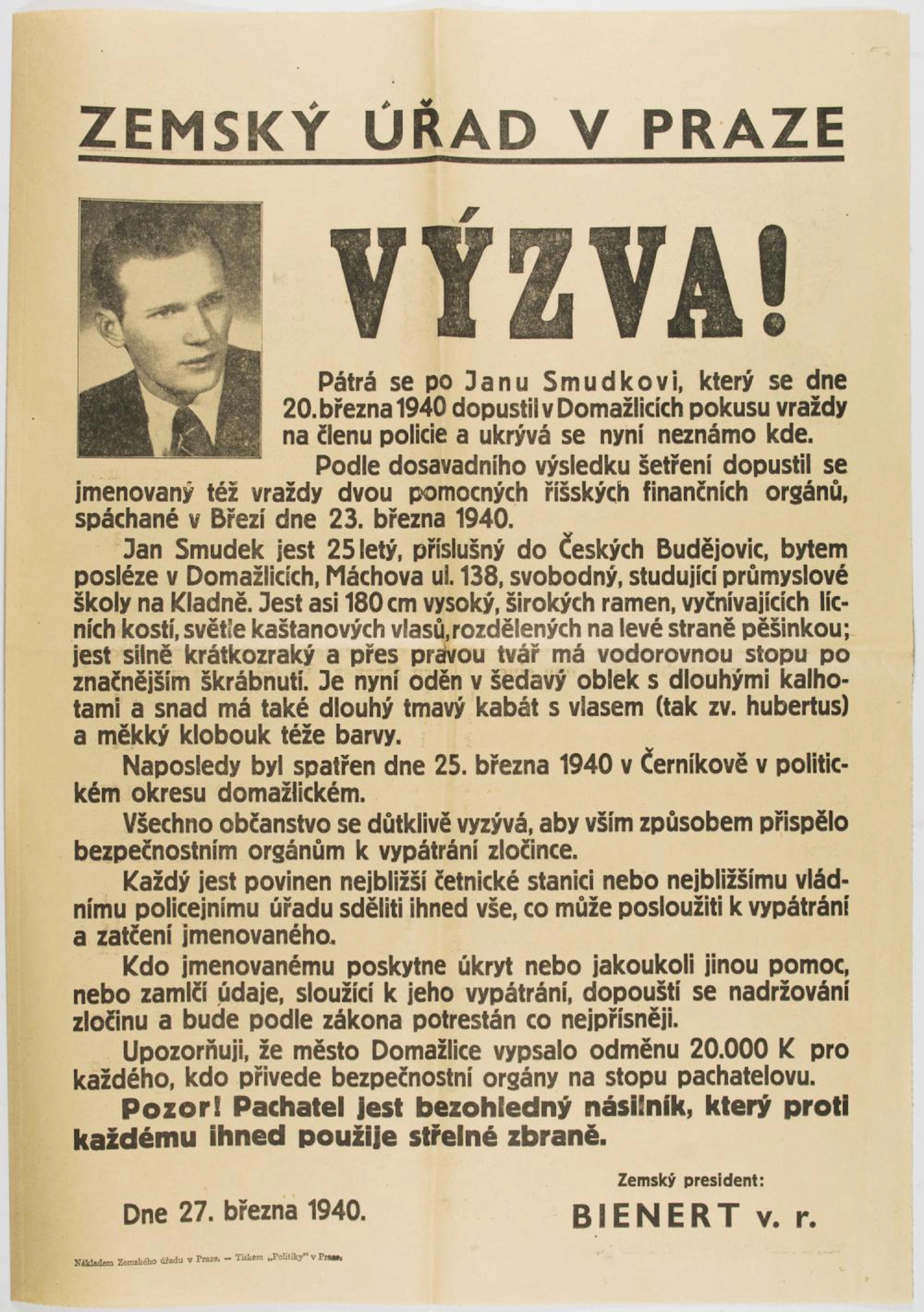 WANTED POSTER FOR CZECH RESISTANCE FIGHTER, JAN SMUDEK