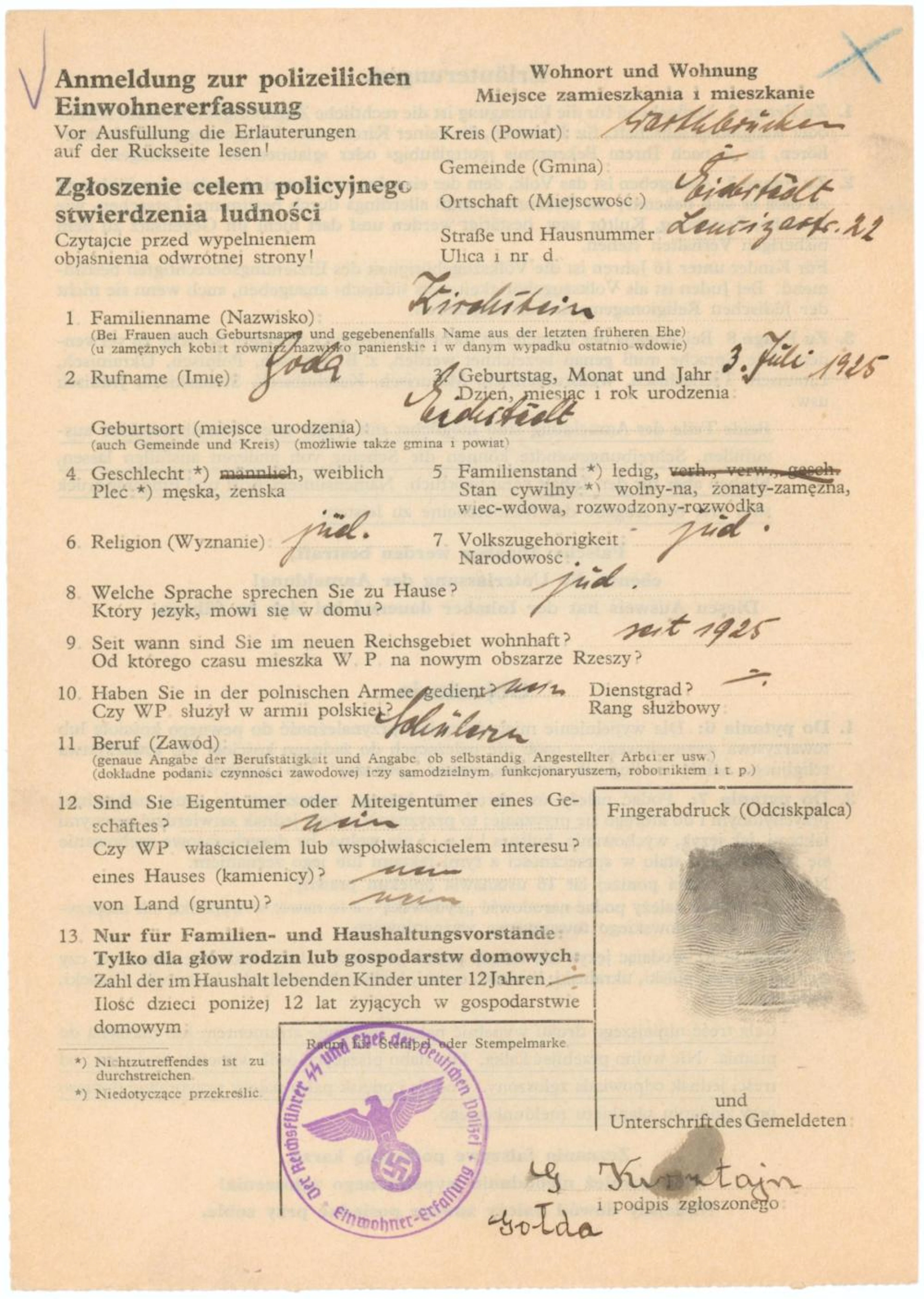 IDENTIFICATION DOCUMENT FOR A JEWISH WOMA