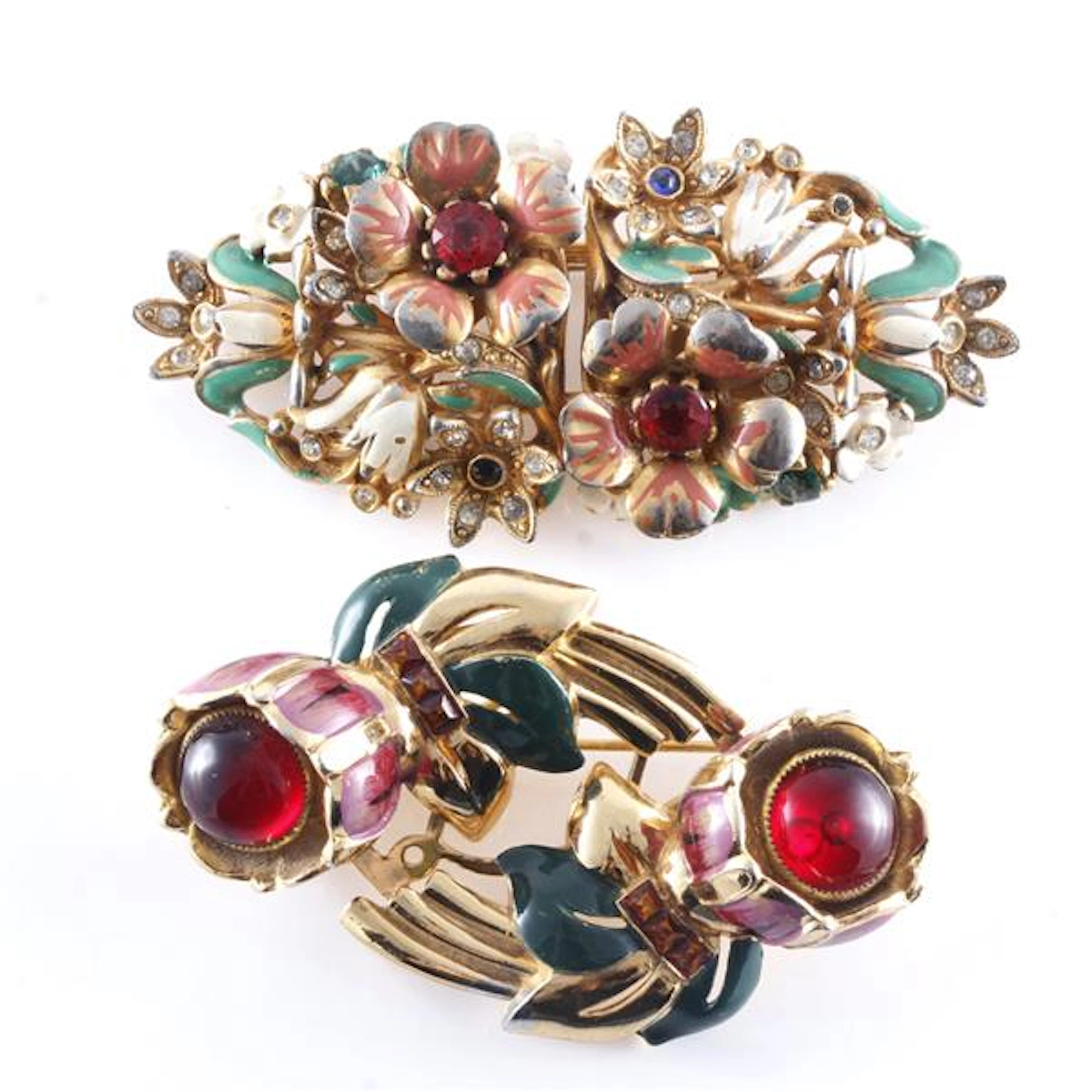 Two 1940s duettes; Coro sterling vermeil with pink & red...
