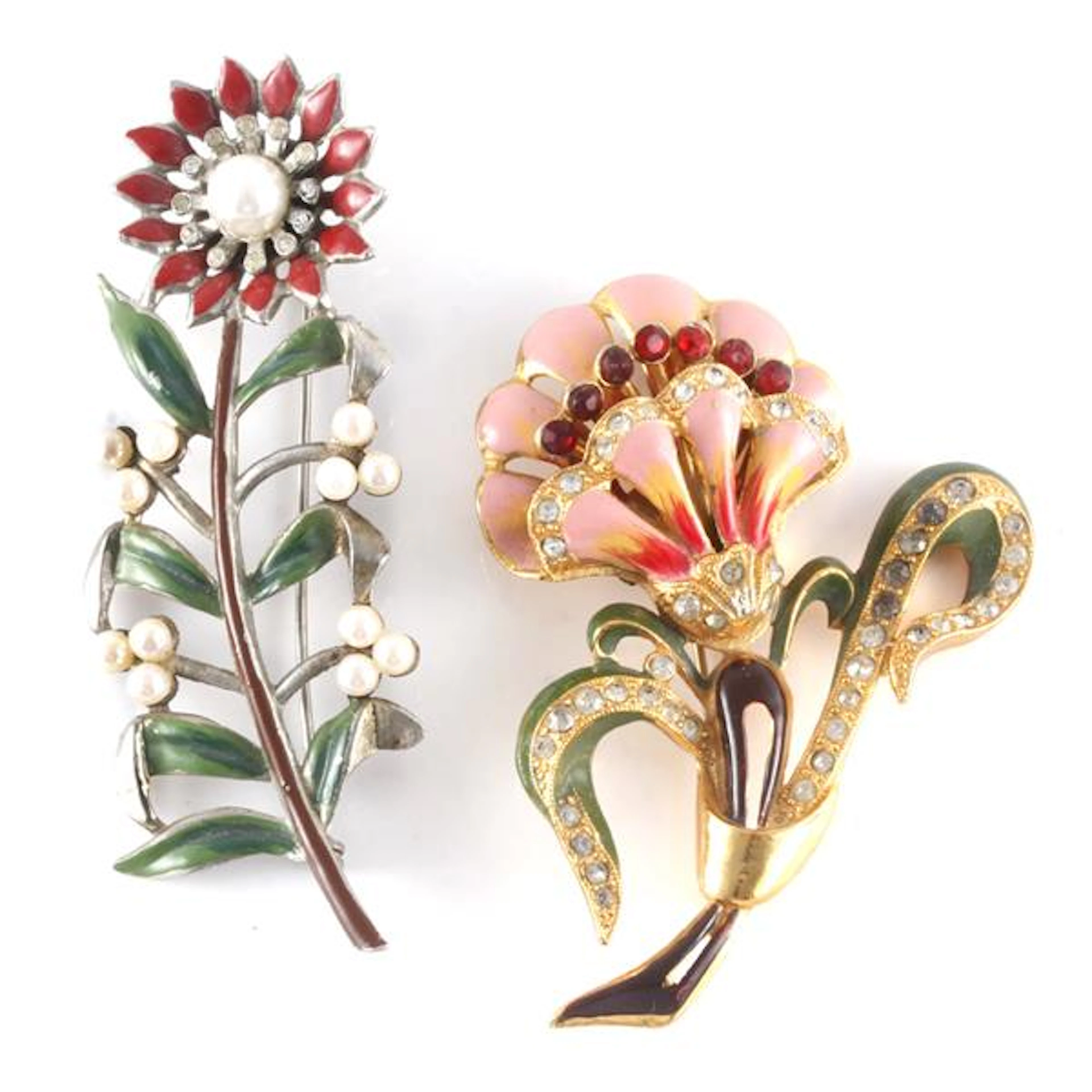Coro enamel floral pin brooch with movable red jewel stamens in center