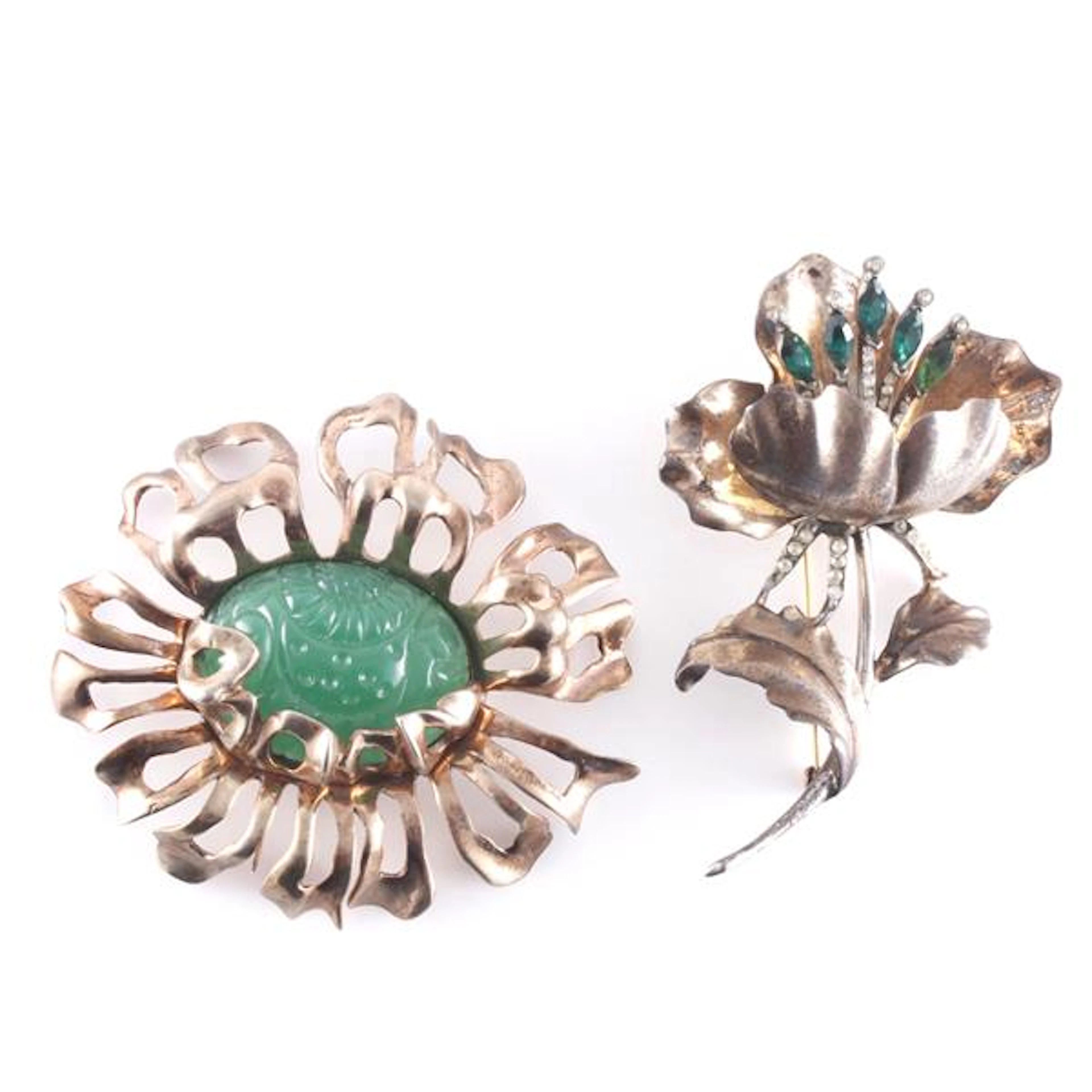 Two 1940s sterling vermeil dress clips; large flower...