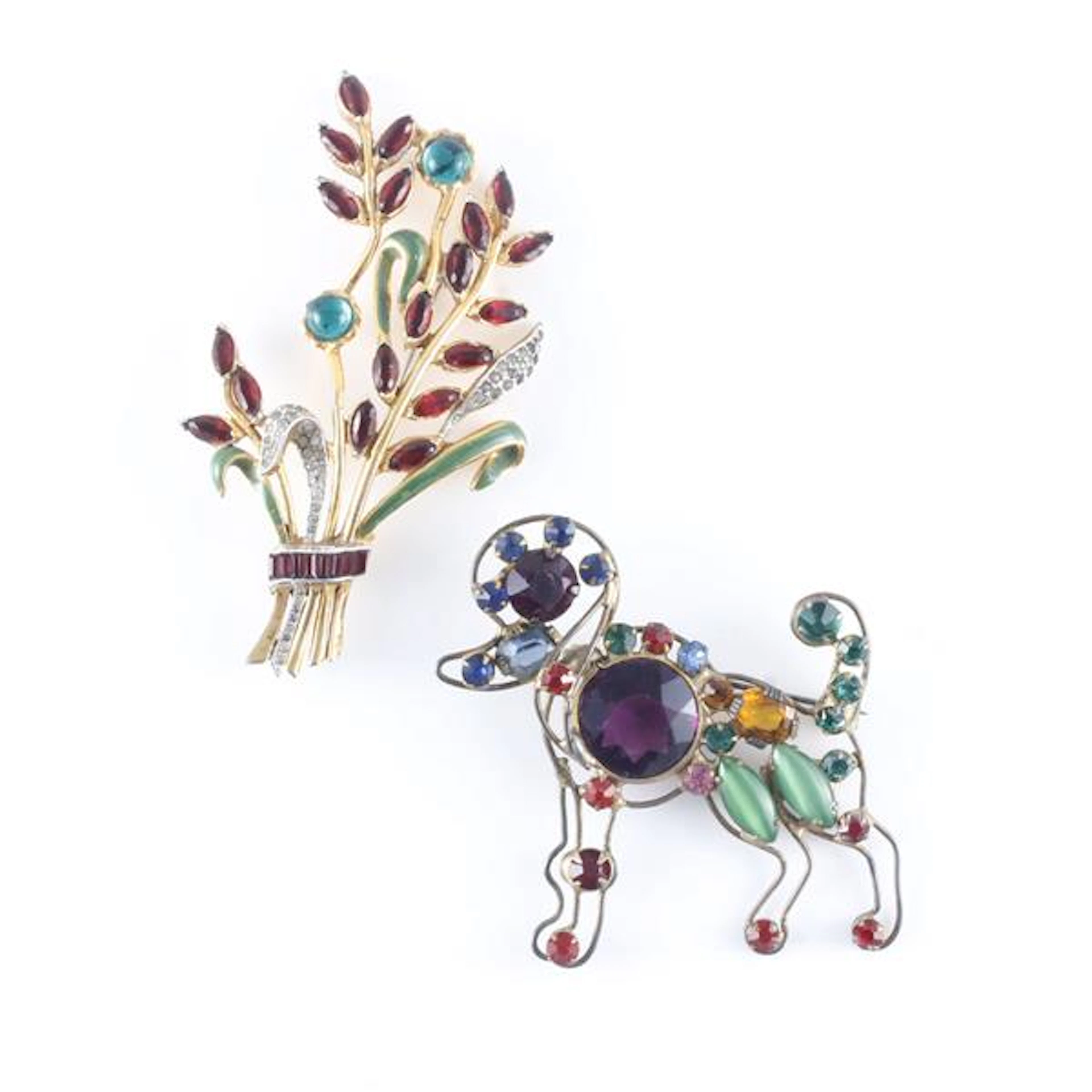 Unsigned openwork poodle pin with multicolored jewels...