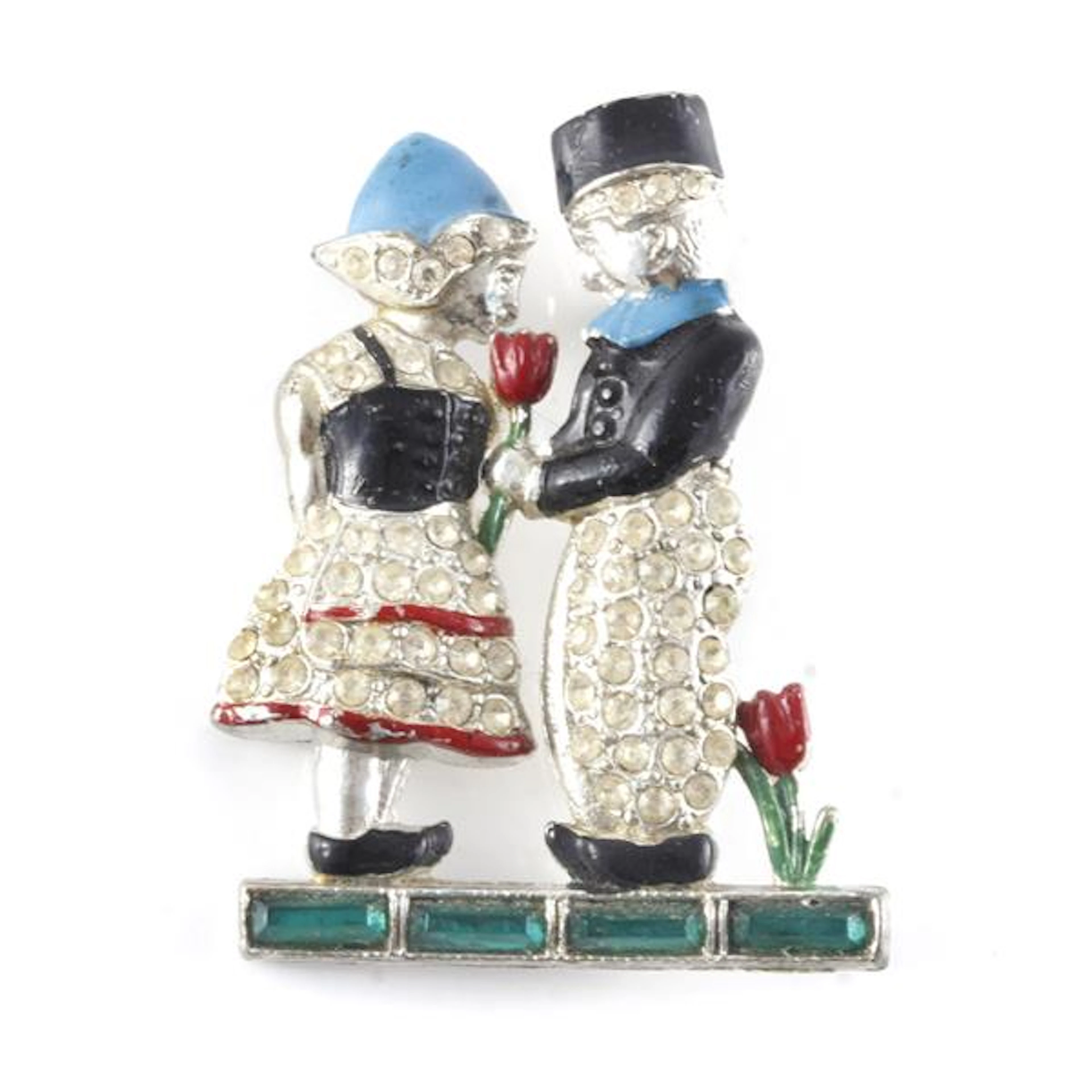 Unsigned 1940s enamel and pave figural pin brooch; girl...