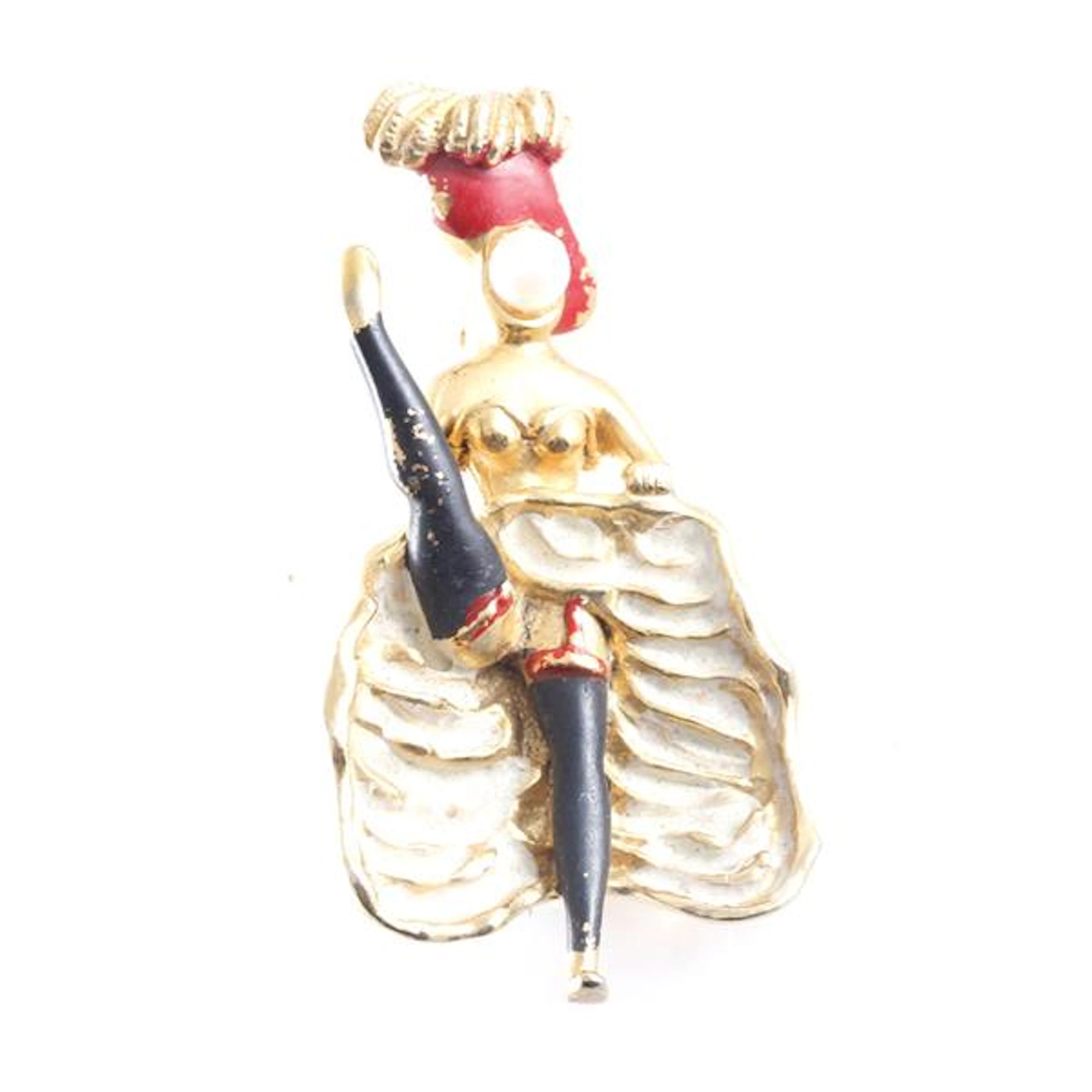 Unsigned gold tone enamel and pearl faced French cabaret Can Can dancer brooch