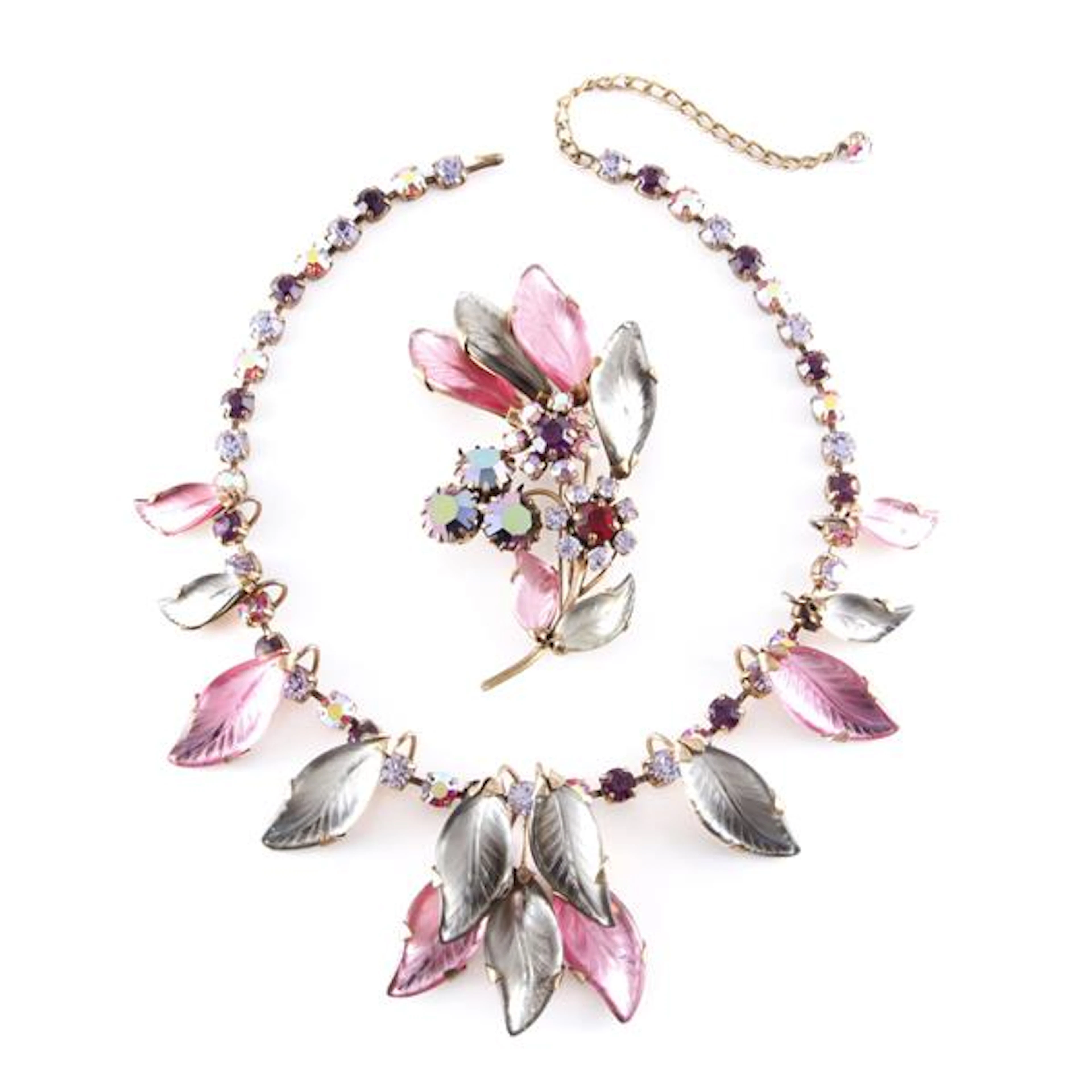 Unsigned 1950 pink floral demi parure; brooch and...