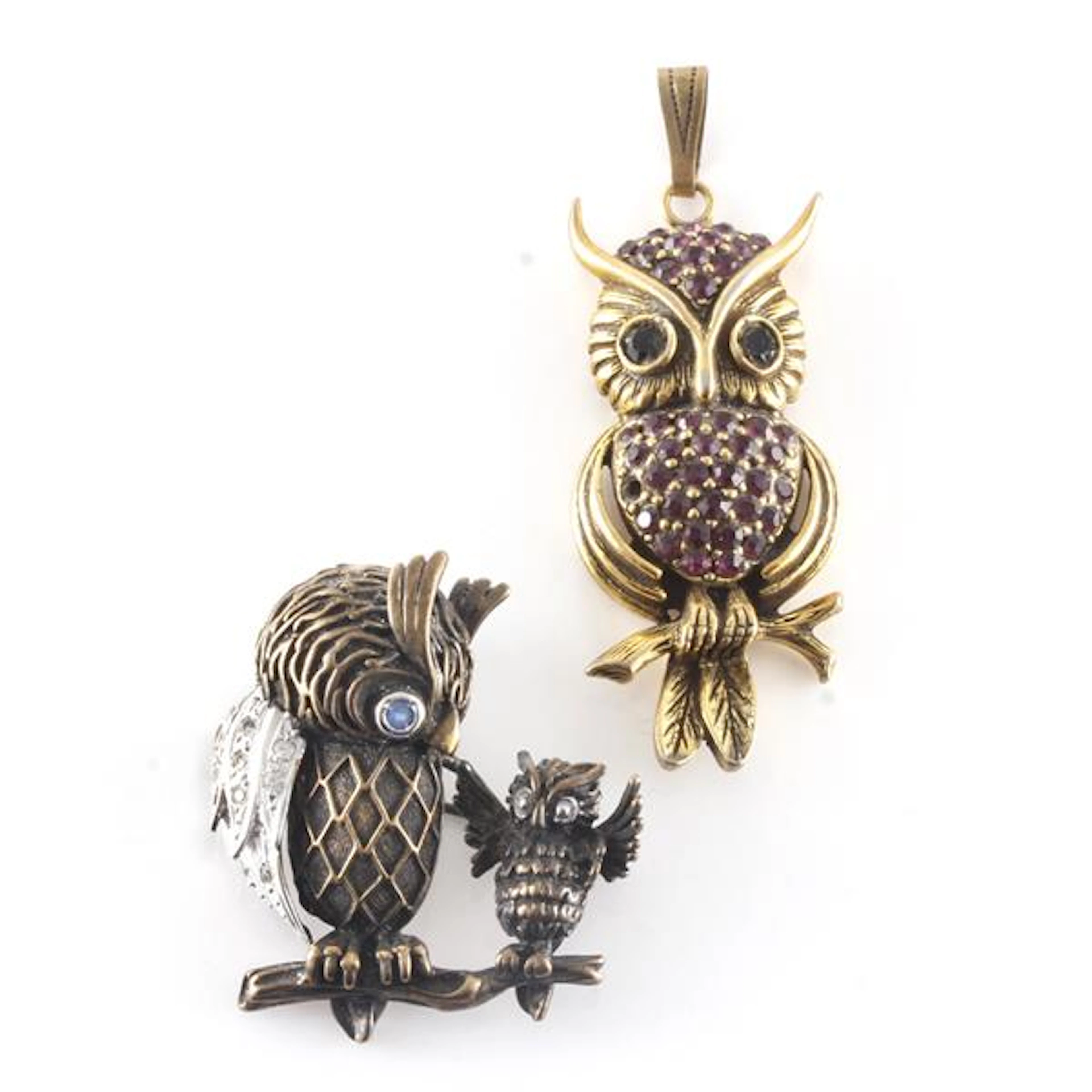 Unsigned double owl perched on branch pin with diamante...