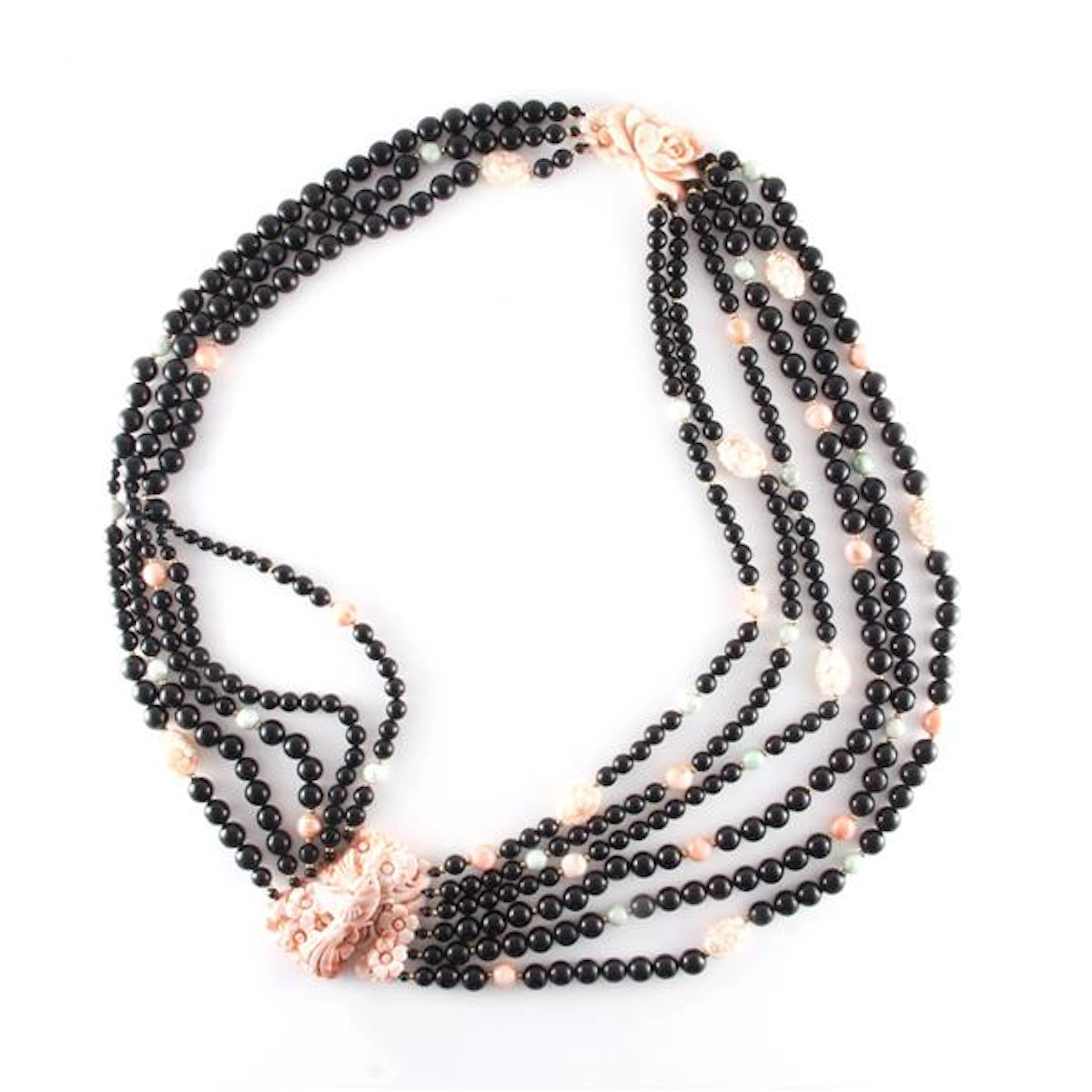 Lise M 14K’ signed Lise Mori long black beaded five...