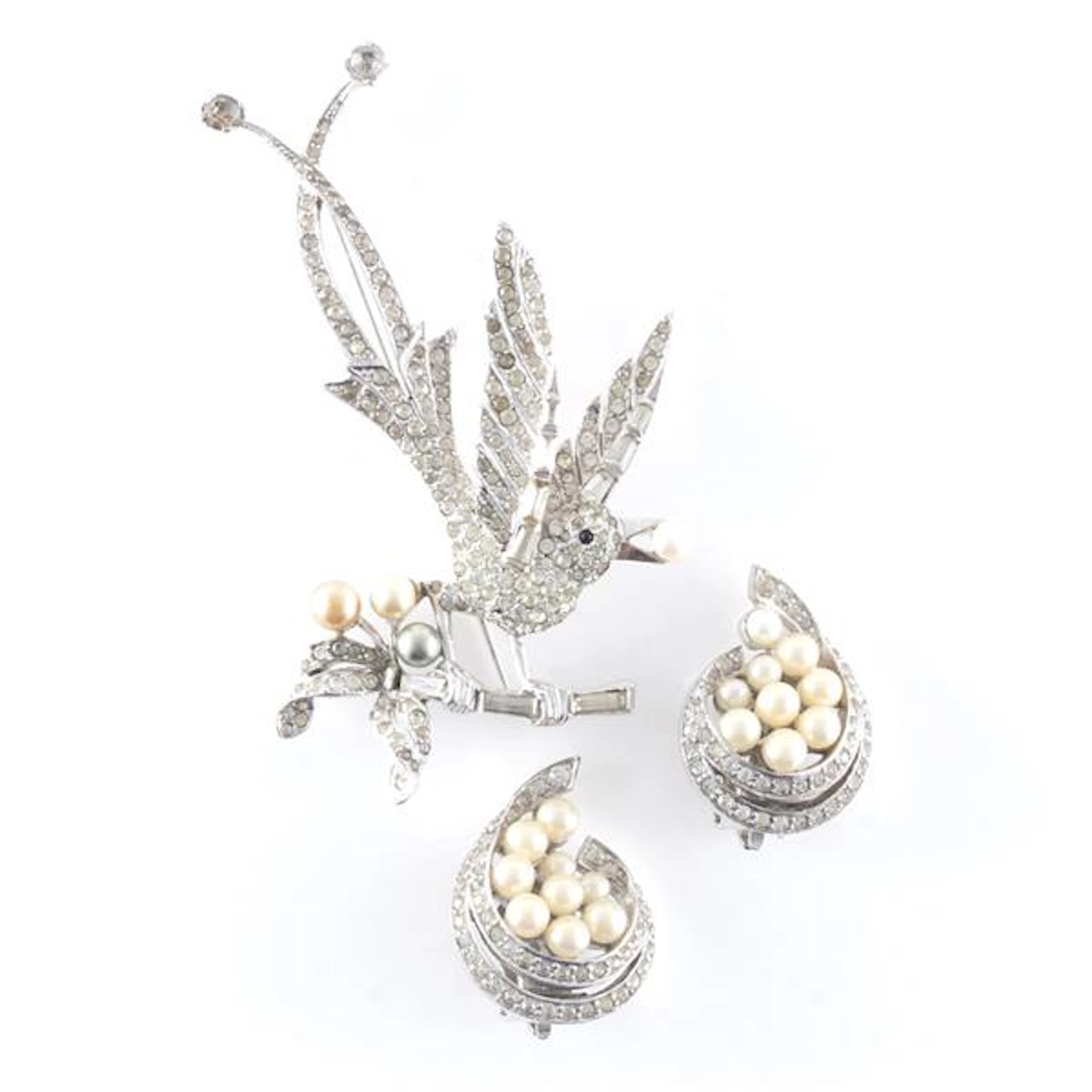 MB Boucher 1948 ‘lyre bird’ figural pin brooch with diamante baguettes