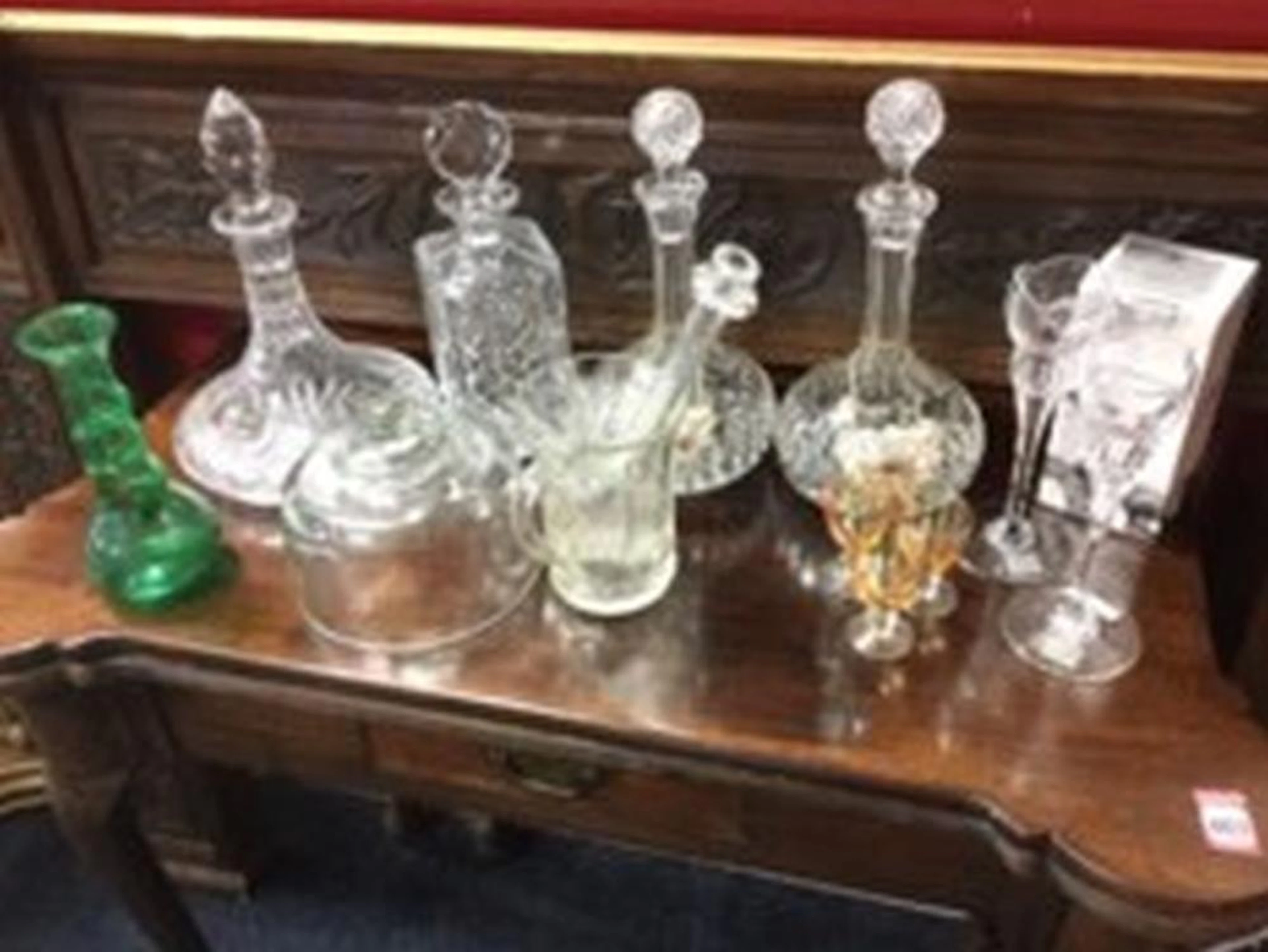 Miscellaneous glass including a pair of decanters & stoppers with chained l