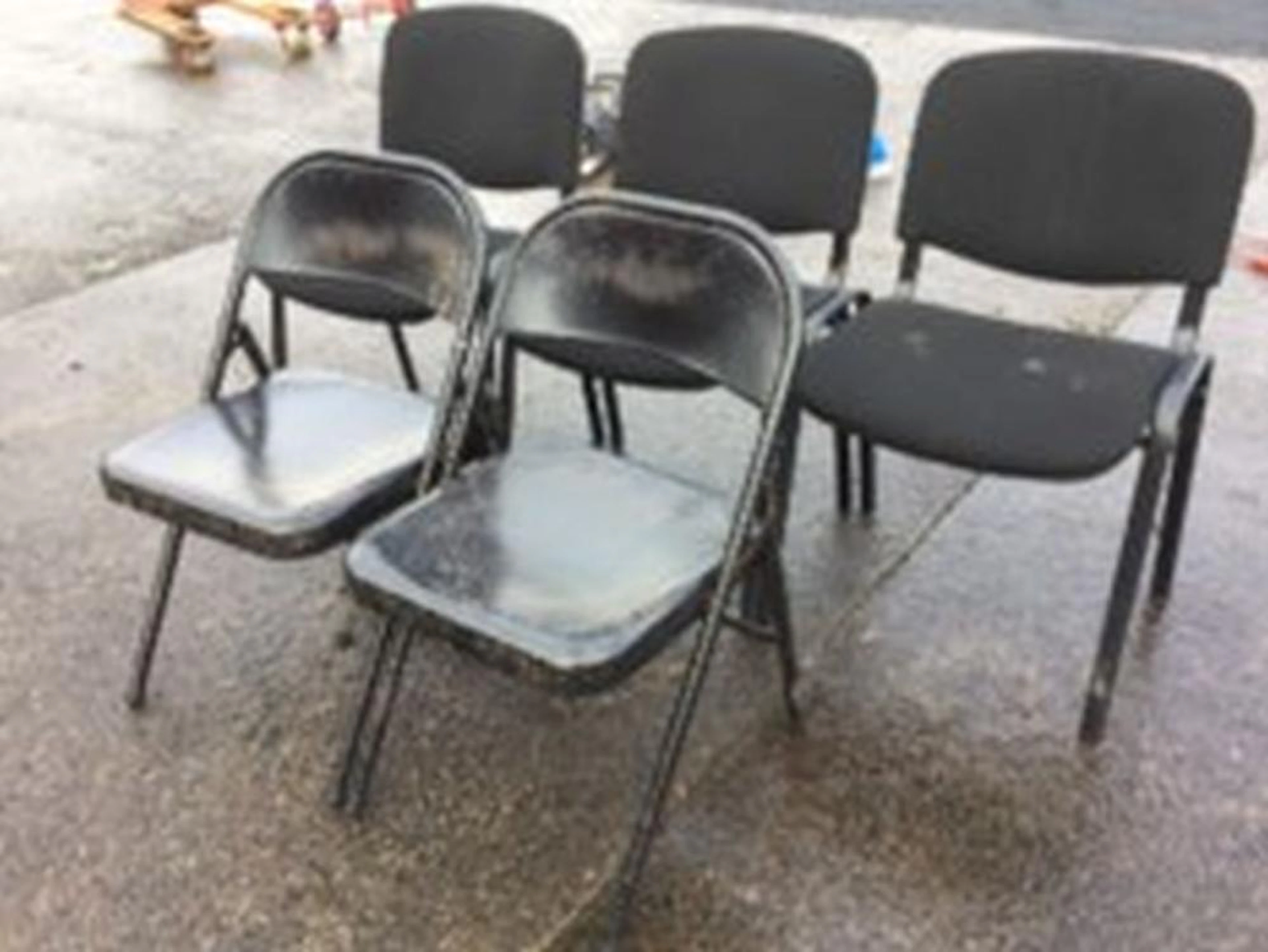 A set of three upholstered chairs on arched frames; and a pair of folding m