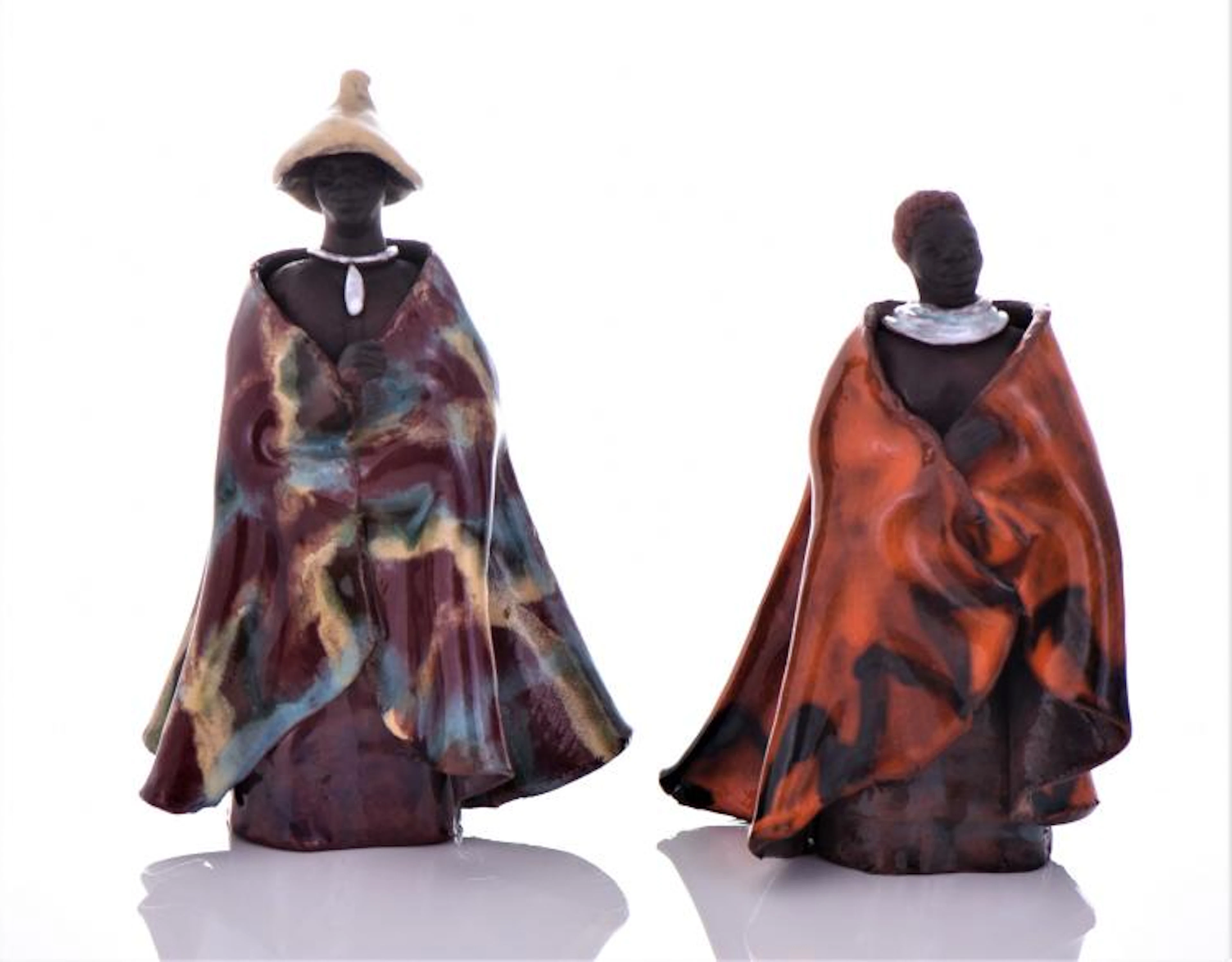 Two Vintage South African Glazed Clay Robed Figure