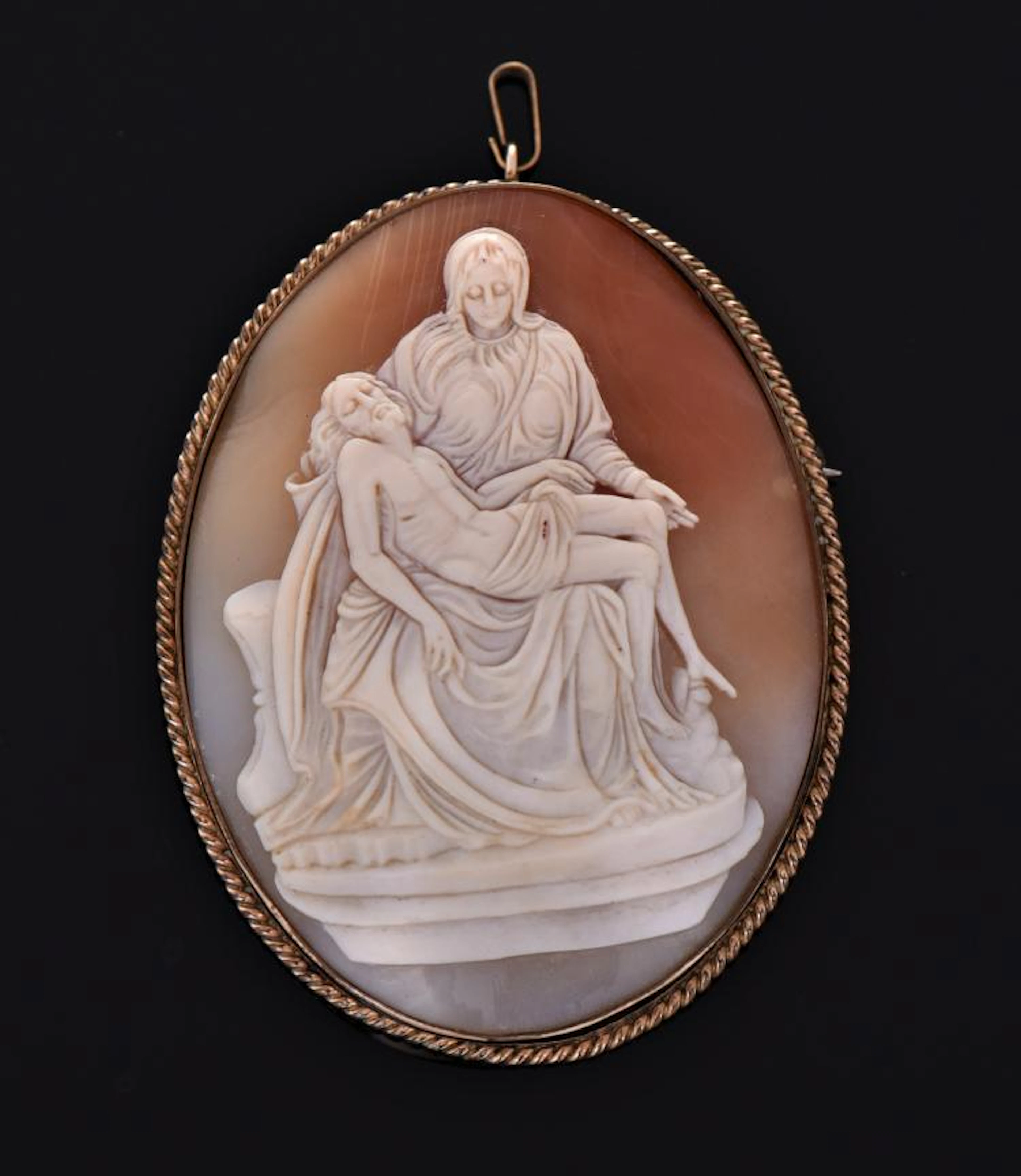 Large 19th Century Shell Cameo Brass Roped Brooch