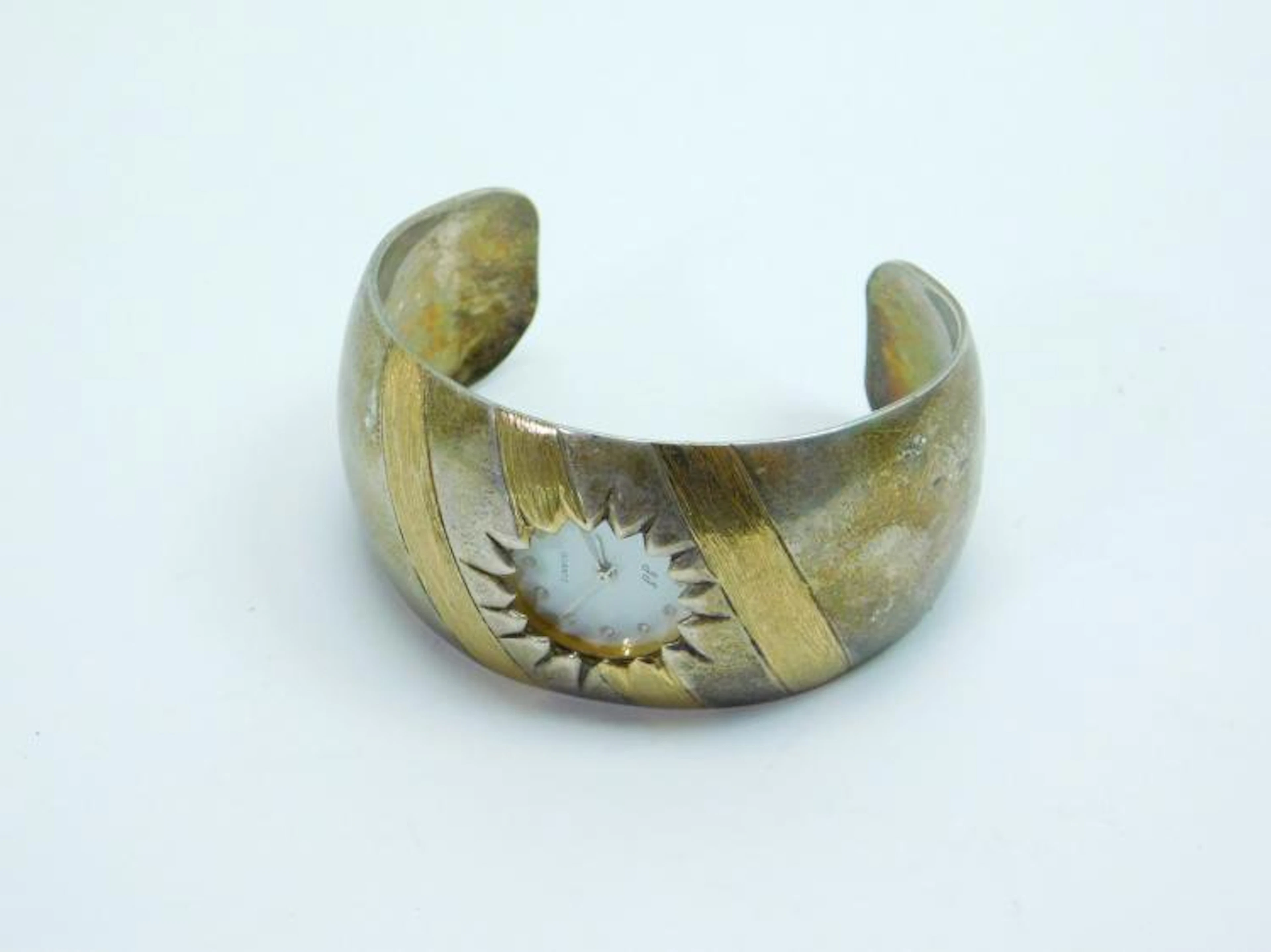 1986 Tucson Az J&J Southwestern Sterling Silver Two Tone Sunburst Cuff Watch 51G