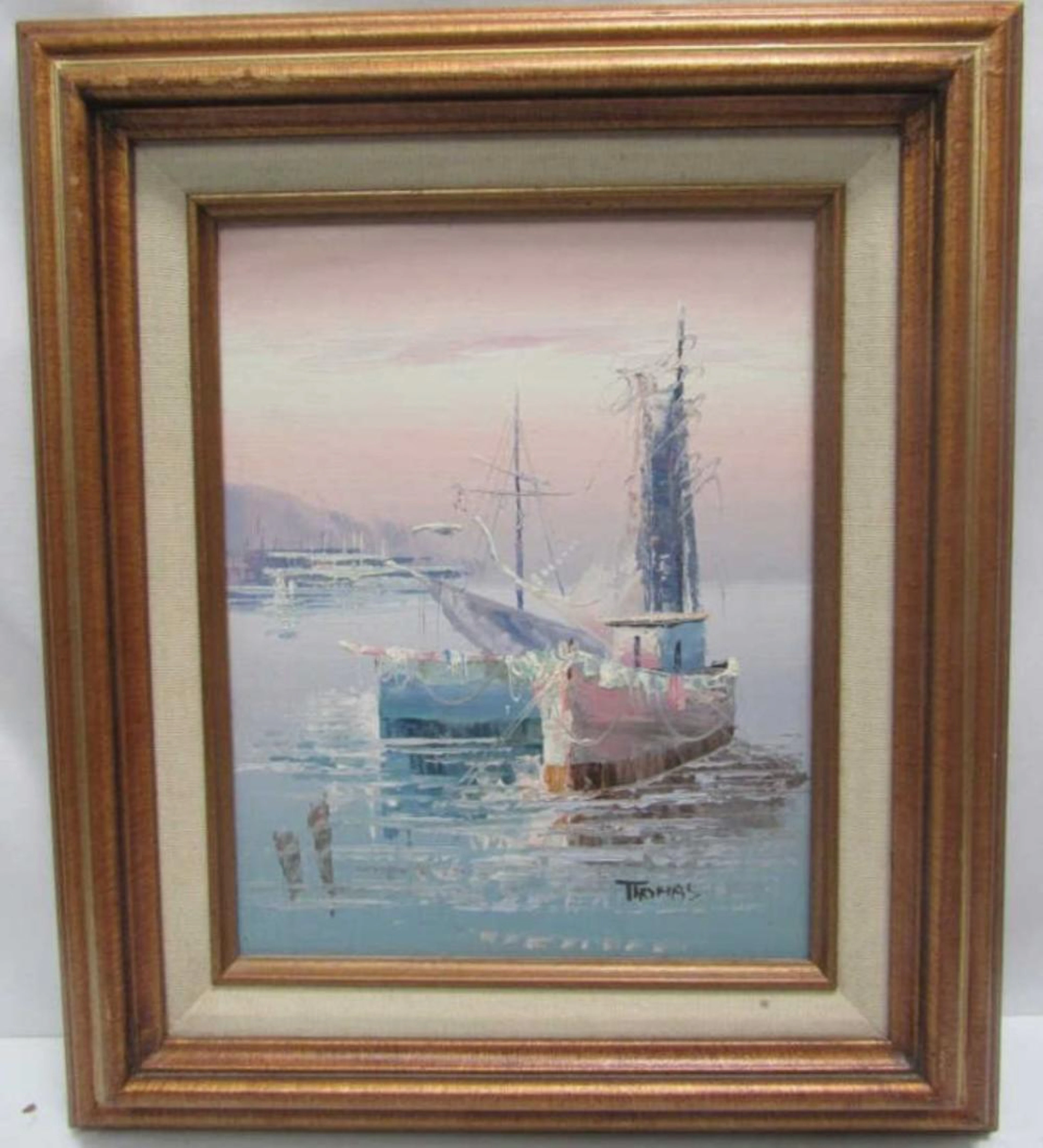 Oil on Board Boats in the Water, Signed "Thomas"