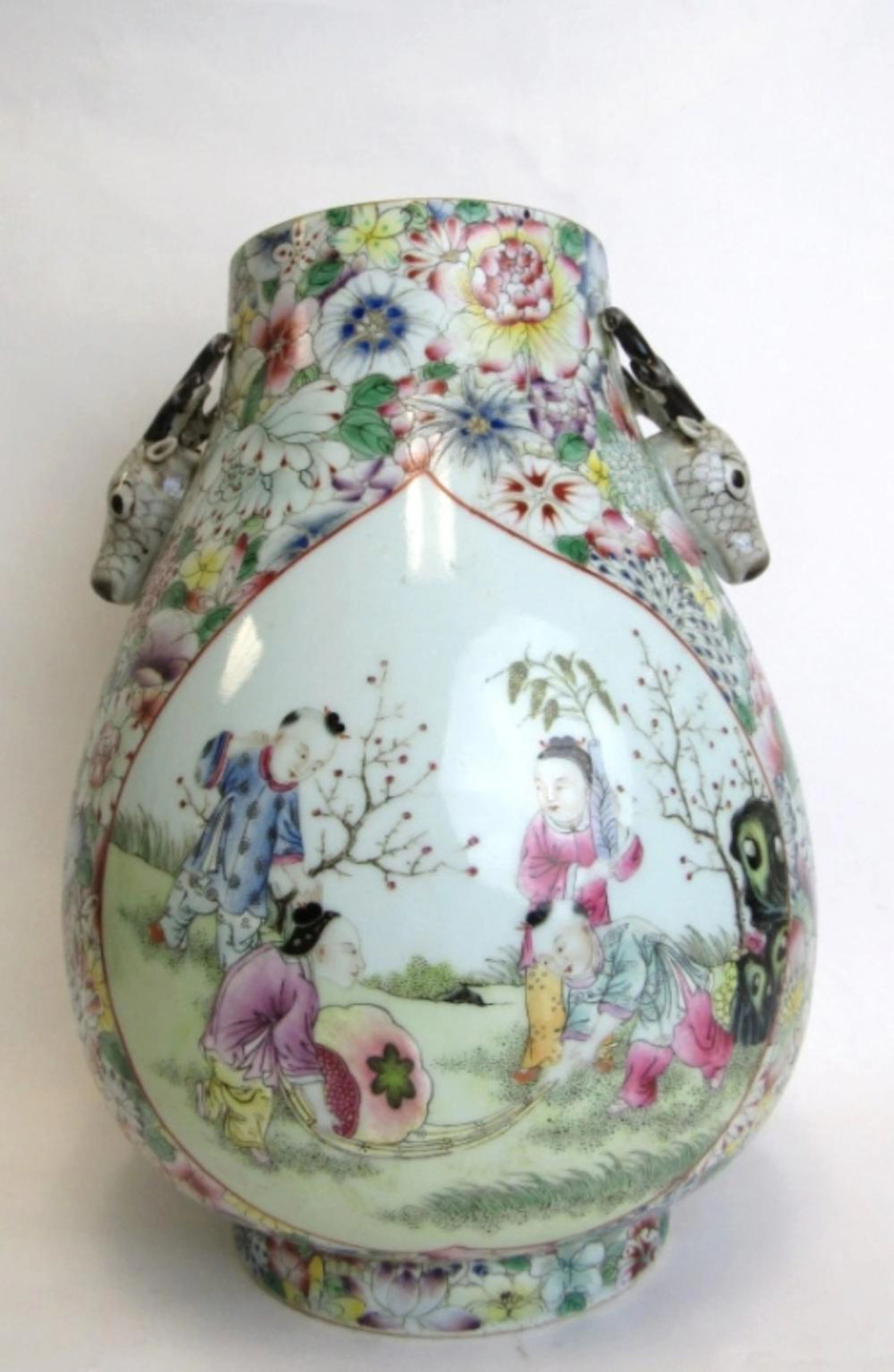 Chinese Flower Cover Vase with Sheep Handles