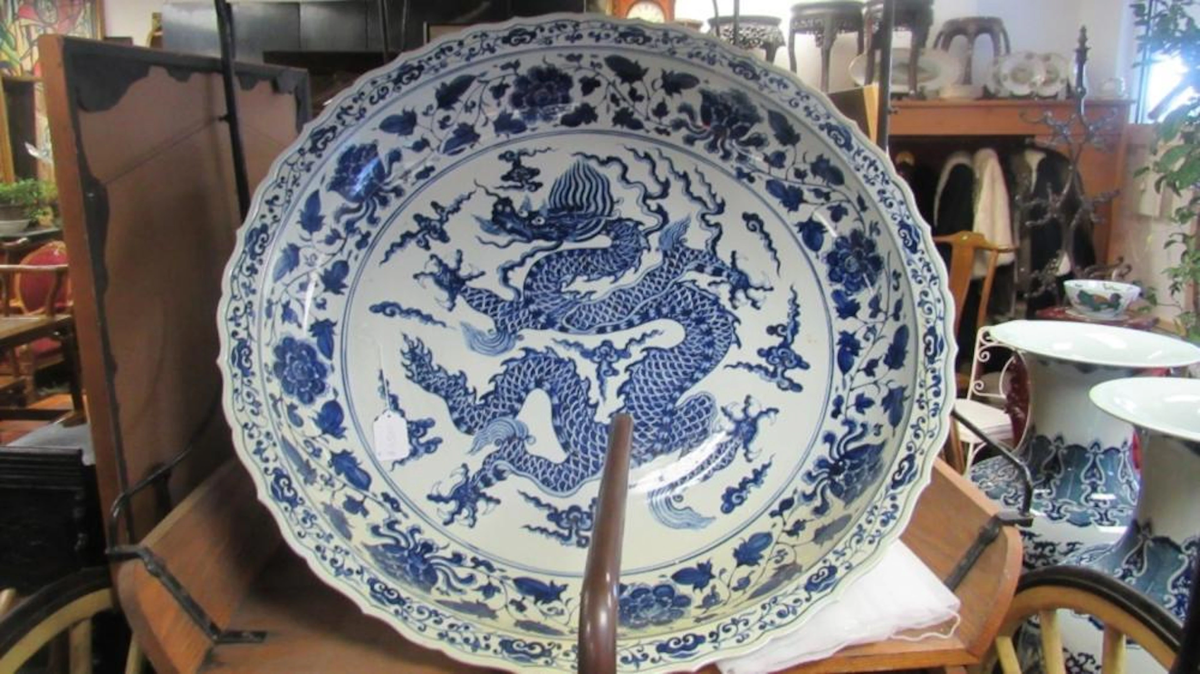 Very Old White/Blue Huge Porcelain Dragon Plate