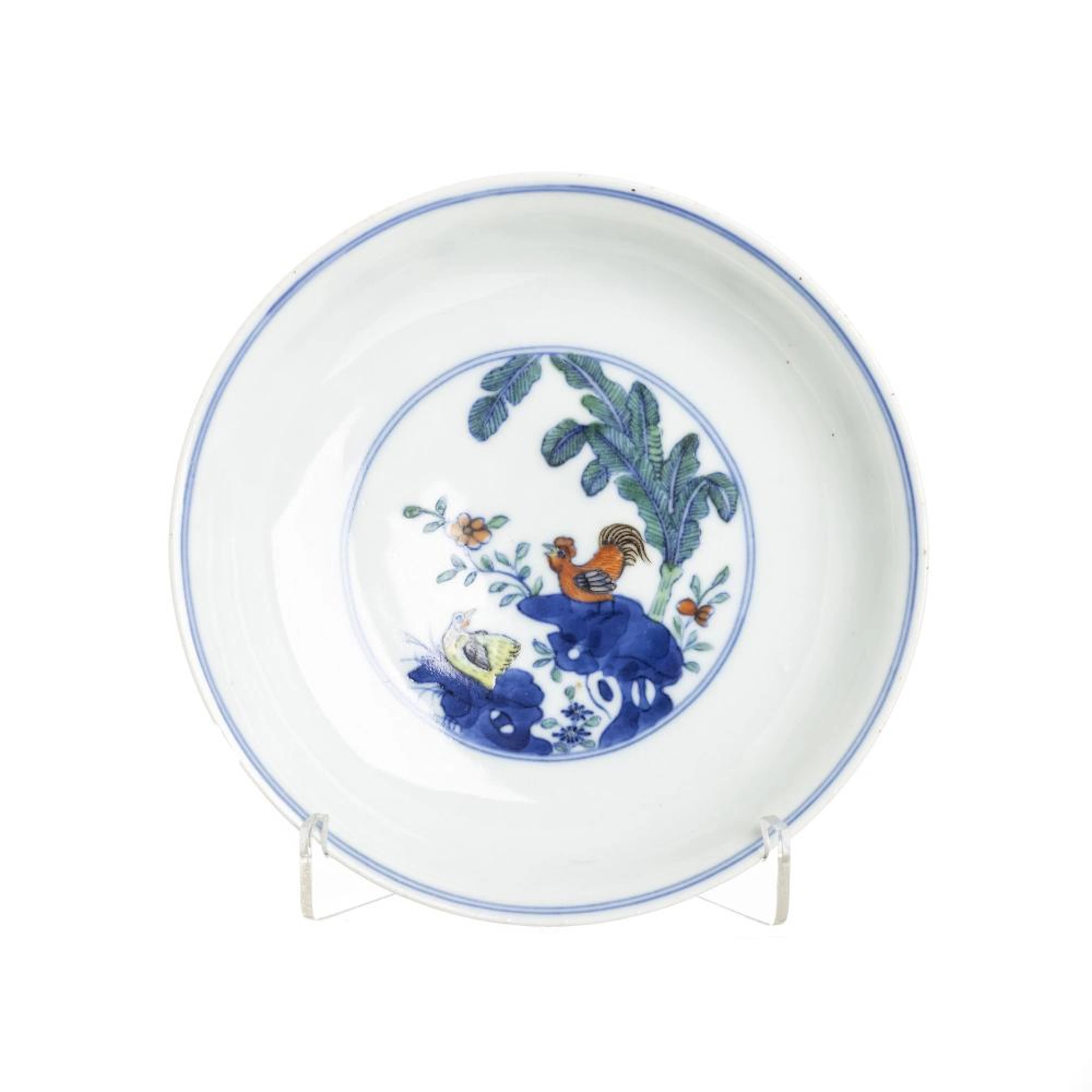 Dessert saucer plate 'chicken', Chenghua style in Chinese porcelain, Doucai