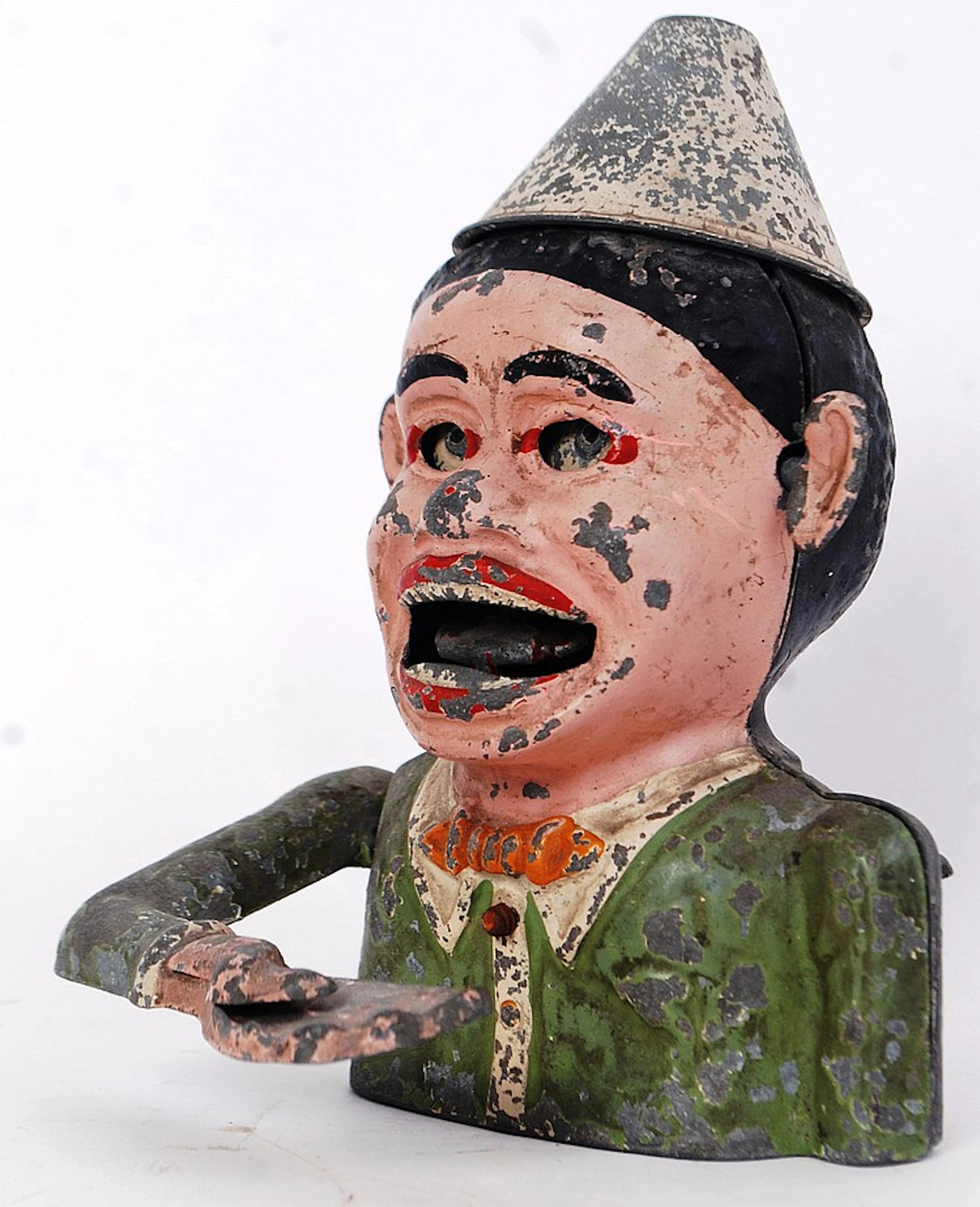 MONEY BOX: An original vintage metal alloy clown m