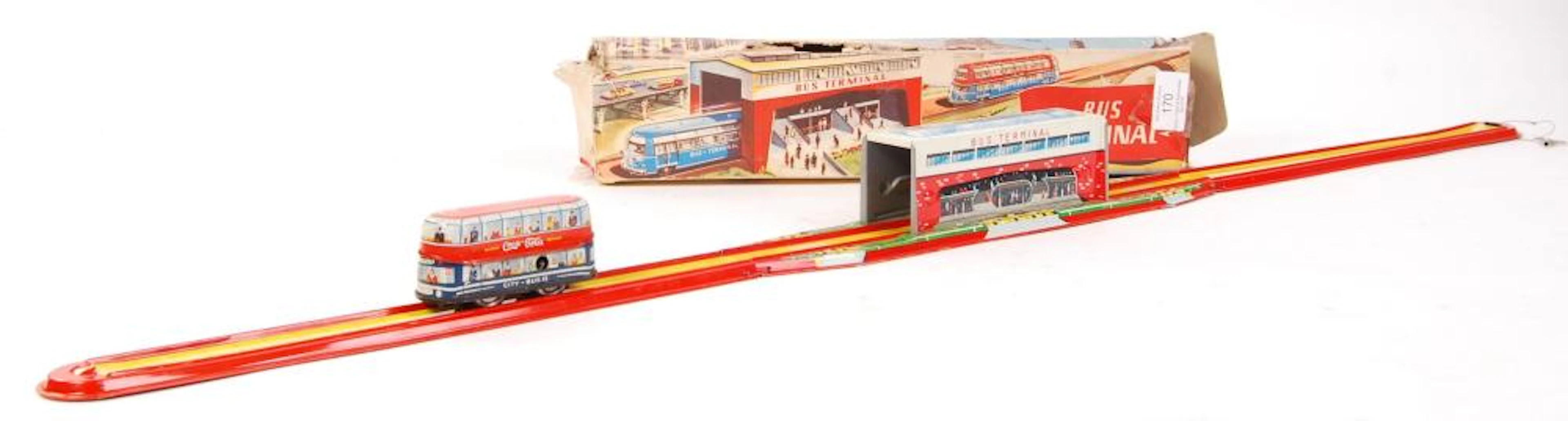 VINTAGE TECHNOFIX TIN PLATE CLOCKWORK TOY BUS TERMINAL